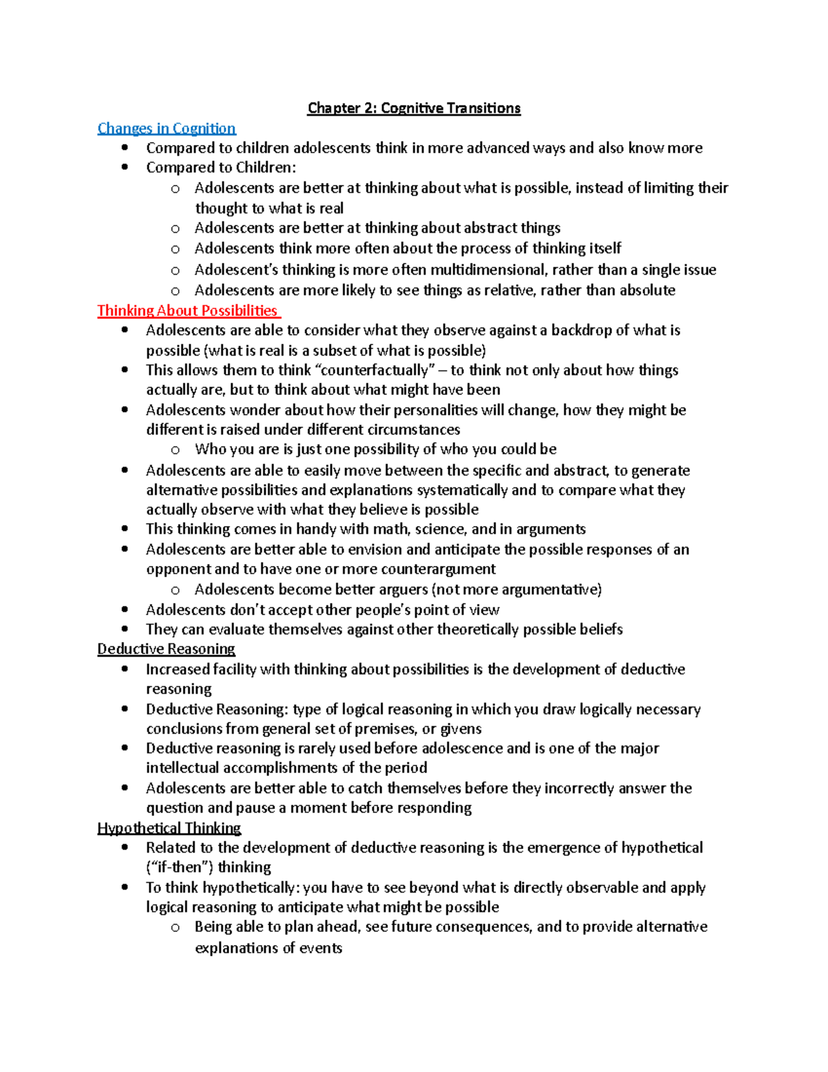 Chapter 2- Adolescent development - Chapter 2: Cognitive Transitions ...