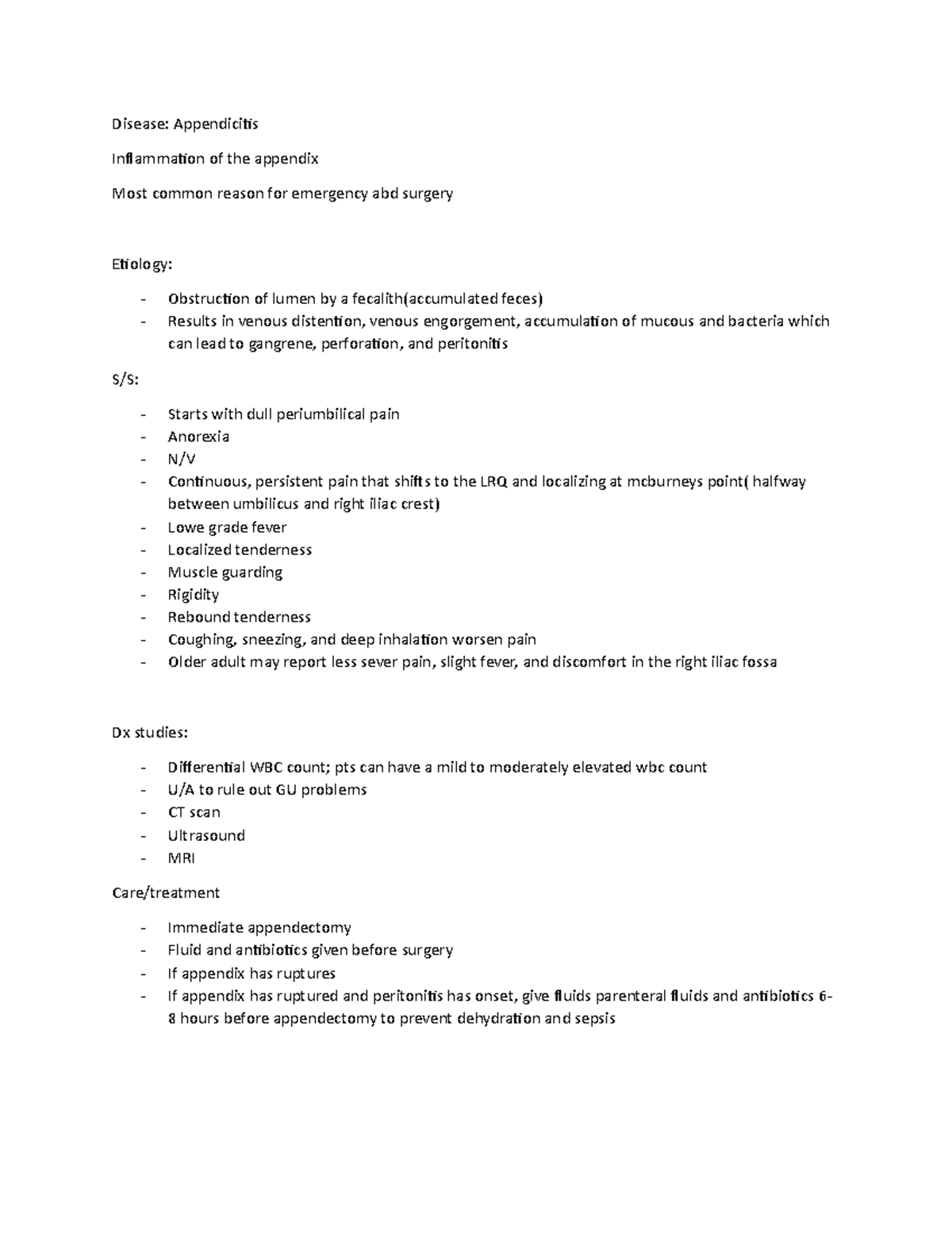 Appendicitis concept map - Disease: Appendicitis Inflammation of the ...