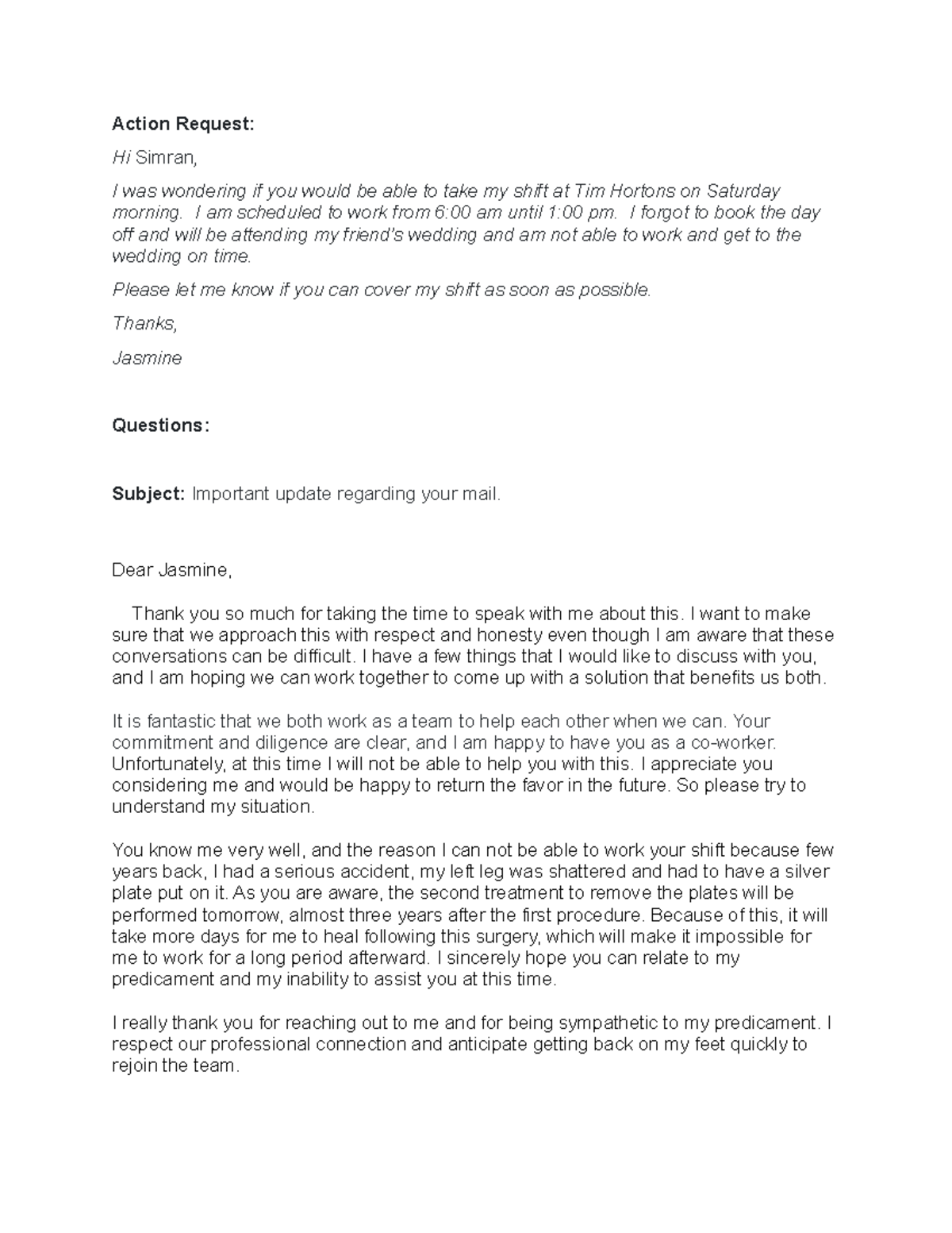 Template for Task 4 - Negative News Reponse - Action Request: Hi Simran ...