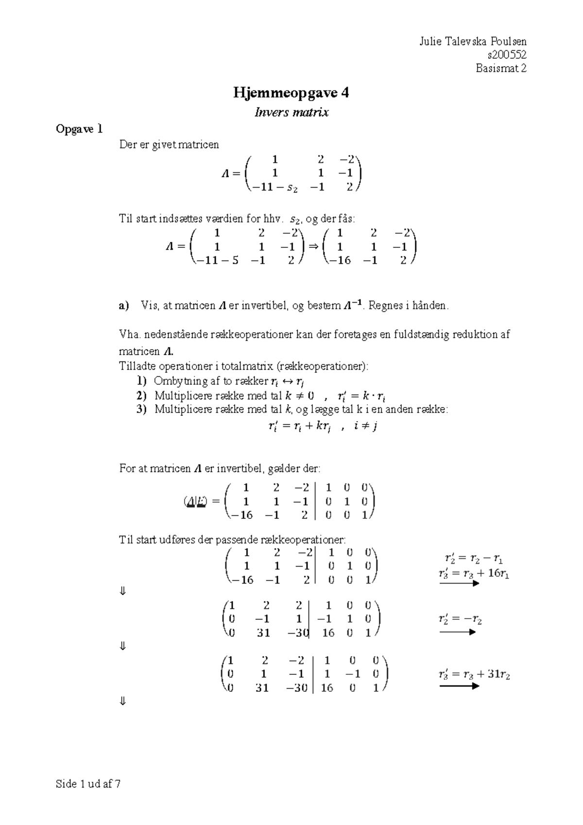 Hjemmeopgave 4 - Invers Matrix PDF - S Basismat 2 Hjemmeopgave 4 Invers ...