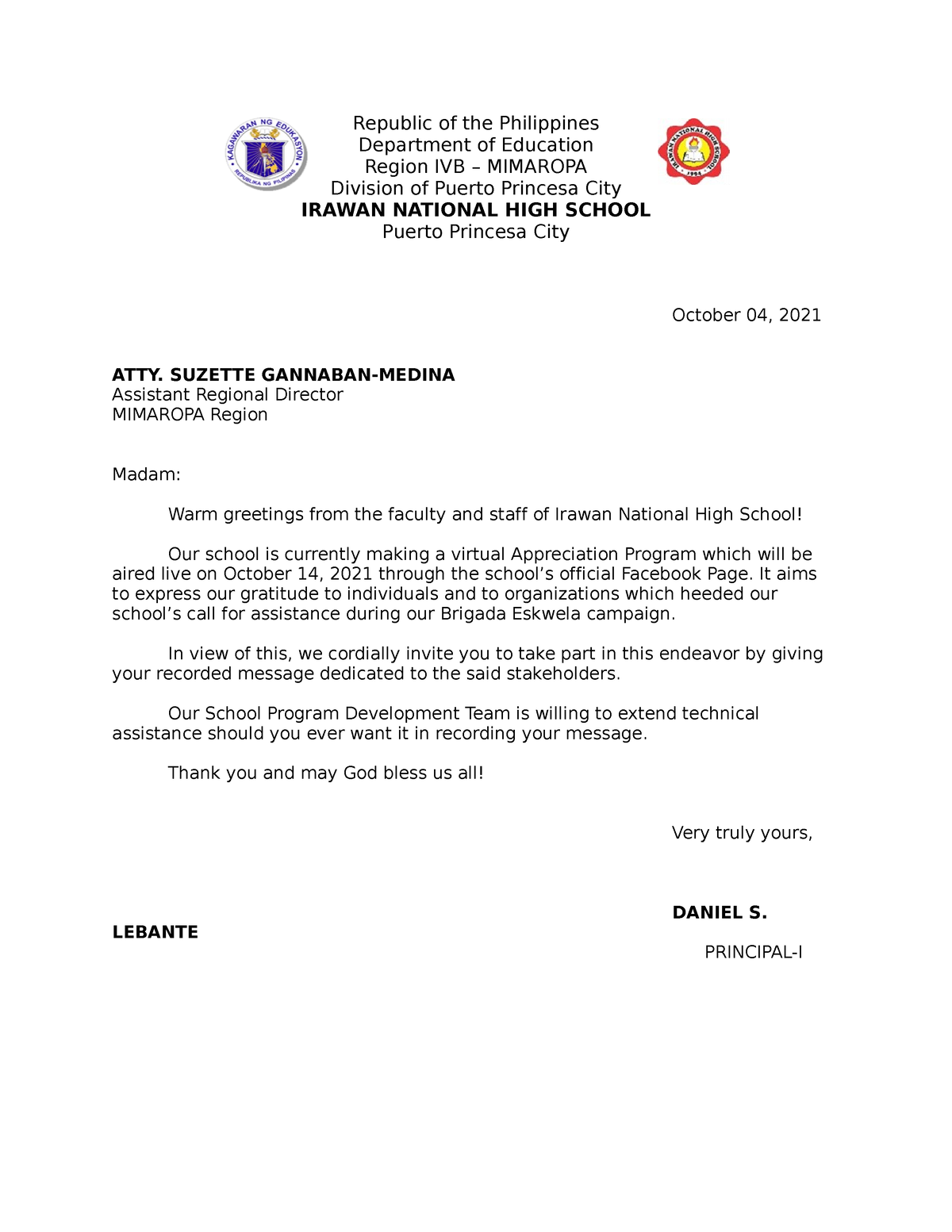 Letter Of Invitation Brigada Eskwela Republic Of The 