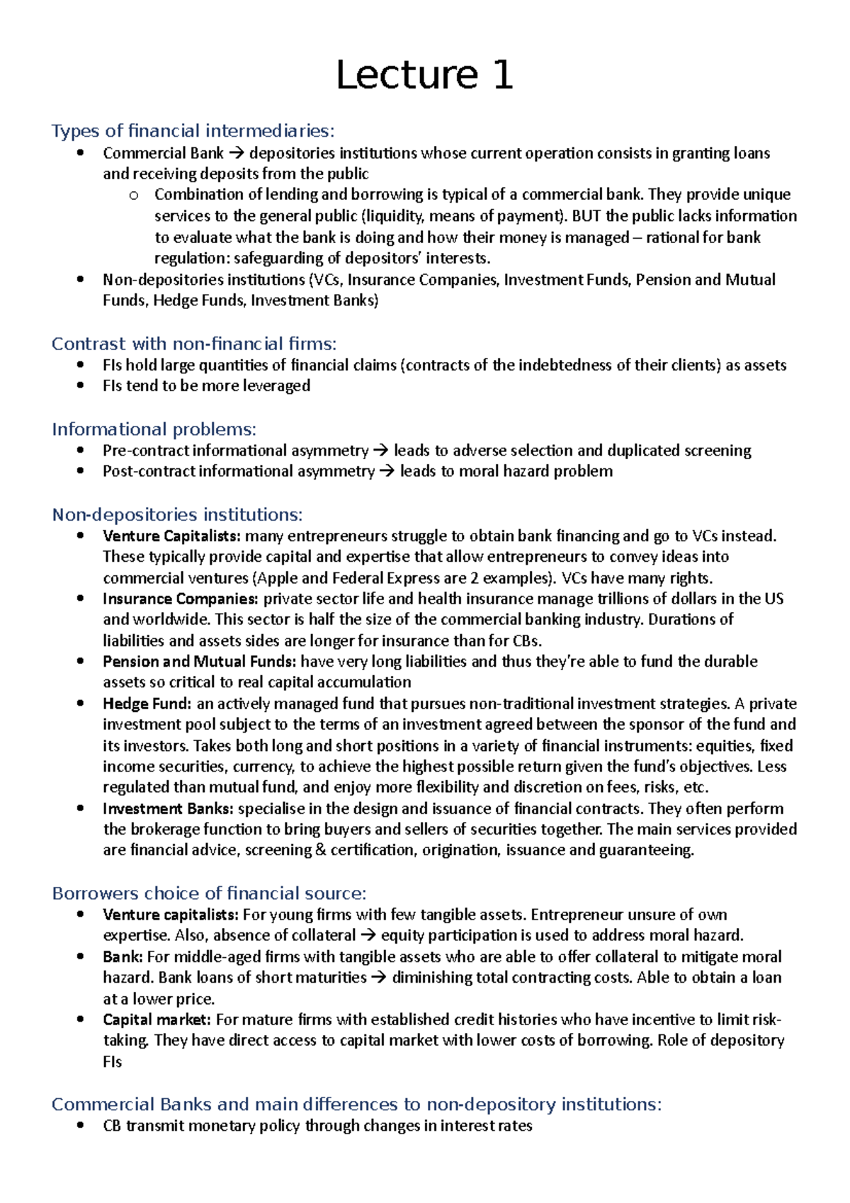 Lecture 1-3 Notes For Midterm - Lecture 1 Types Of Financial ...