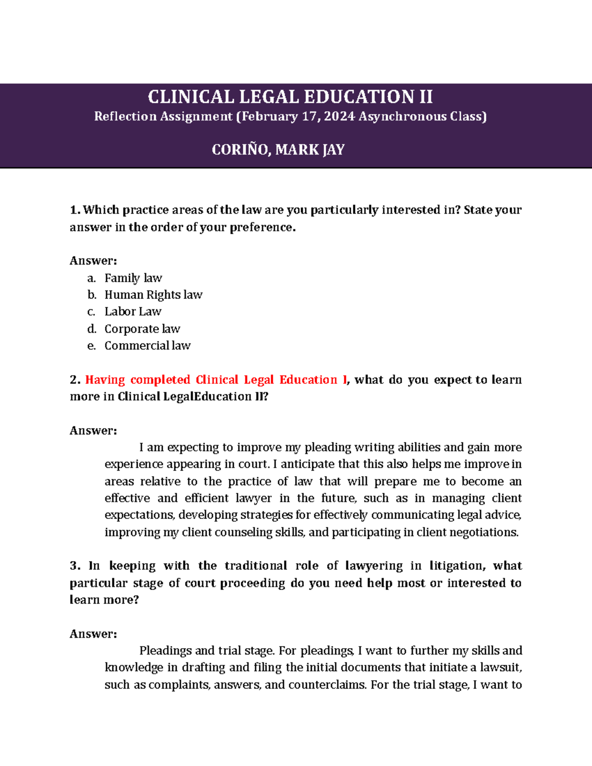 Coriño CLED II Reflection Assignment (Template) - CLINICAL LEGAL ...