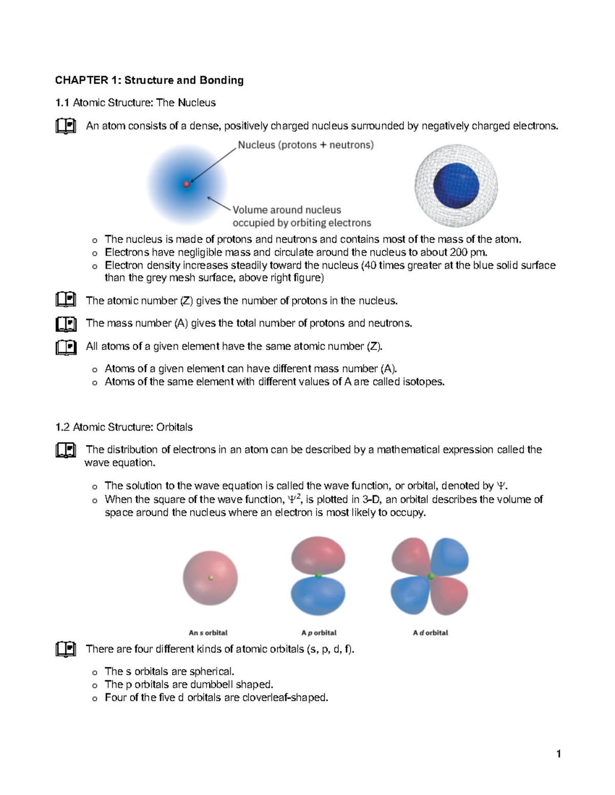 CH 1 notes - Chapter 1 - CHAPTER 1: Structure and Bonding 1 Atomic ...