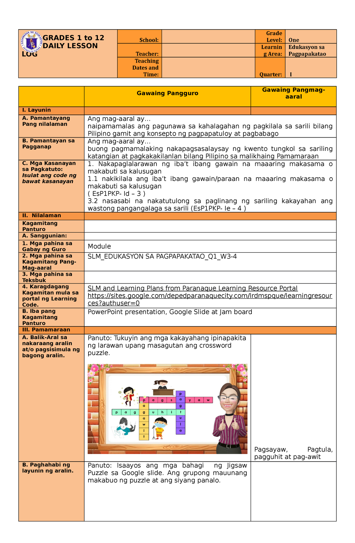 Lesson Plan ESP COT Q1(Week 3-4) - GRADES 1 To 12 DAILY LESSON LOG ...