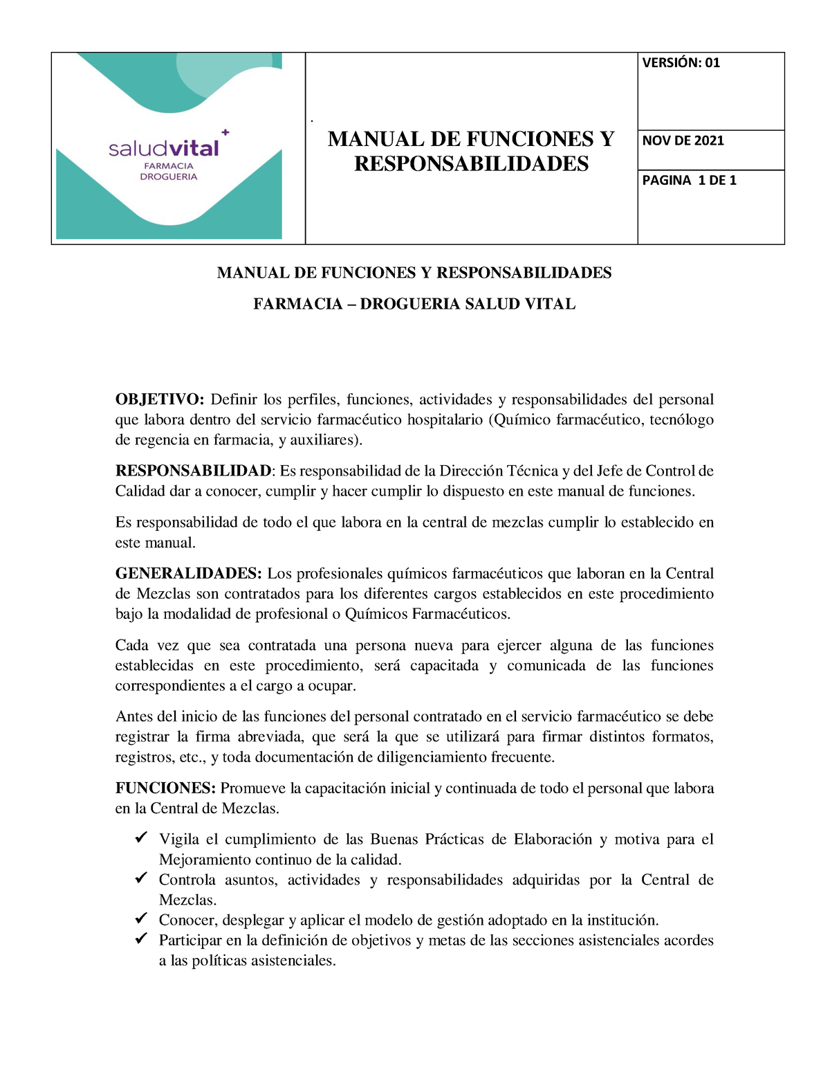 Manual DE Funciones Y Responsabilidades - . MANUAL DE FUNCIONES Y  RESPONSABILIDADES NOV DE 2021 - Studocu