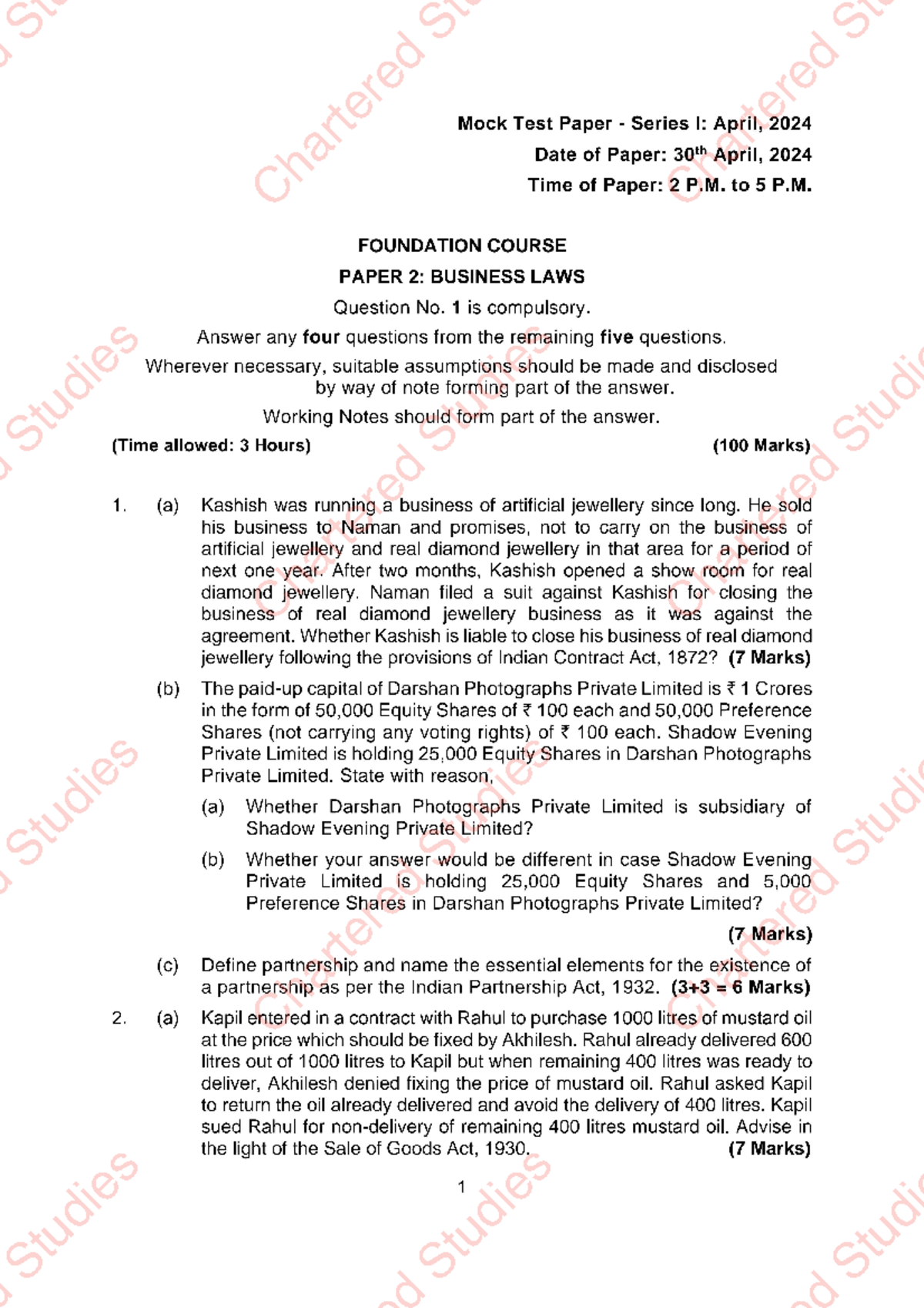 CA Foundation Paper 2 Business LAWS MTP Series 1 Question Paper ca