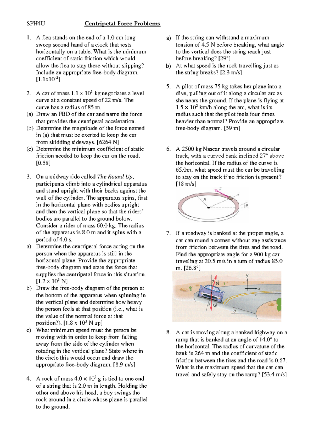 WSCentripetal Force Problems w ans2018 SPH4U Centripetal Force