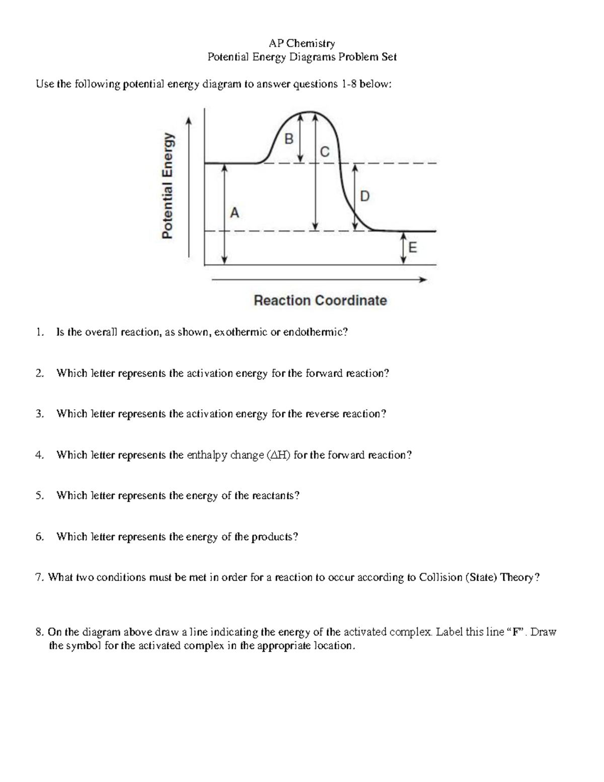 PE Diagrams Worksheet - AP Chemistry Potential Energy Diagrams Problem ...