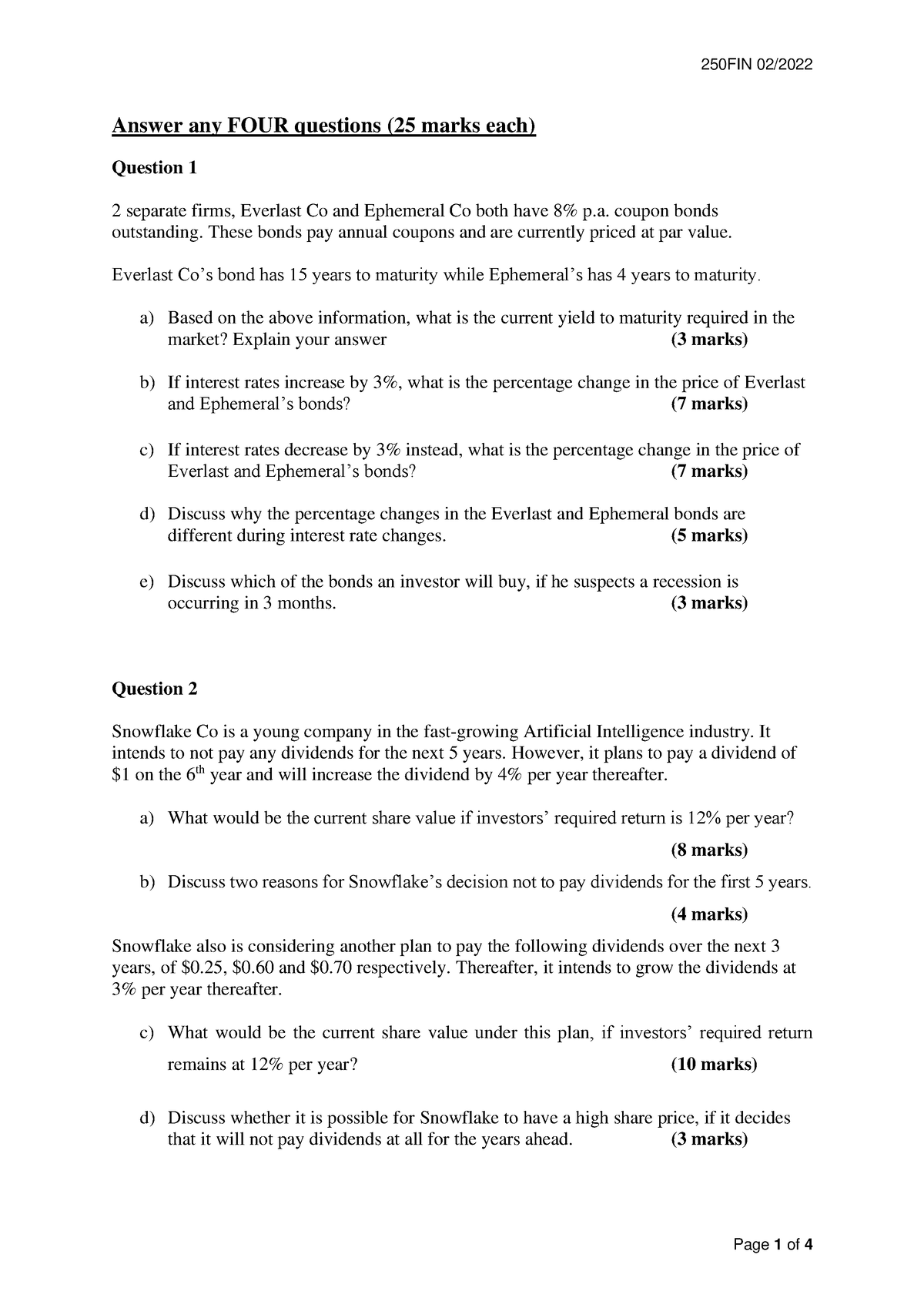 QP - 2022.02.24 250FIN Principles Of Financial Investment - Answer Any ...