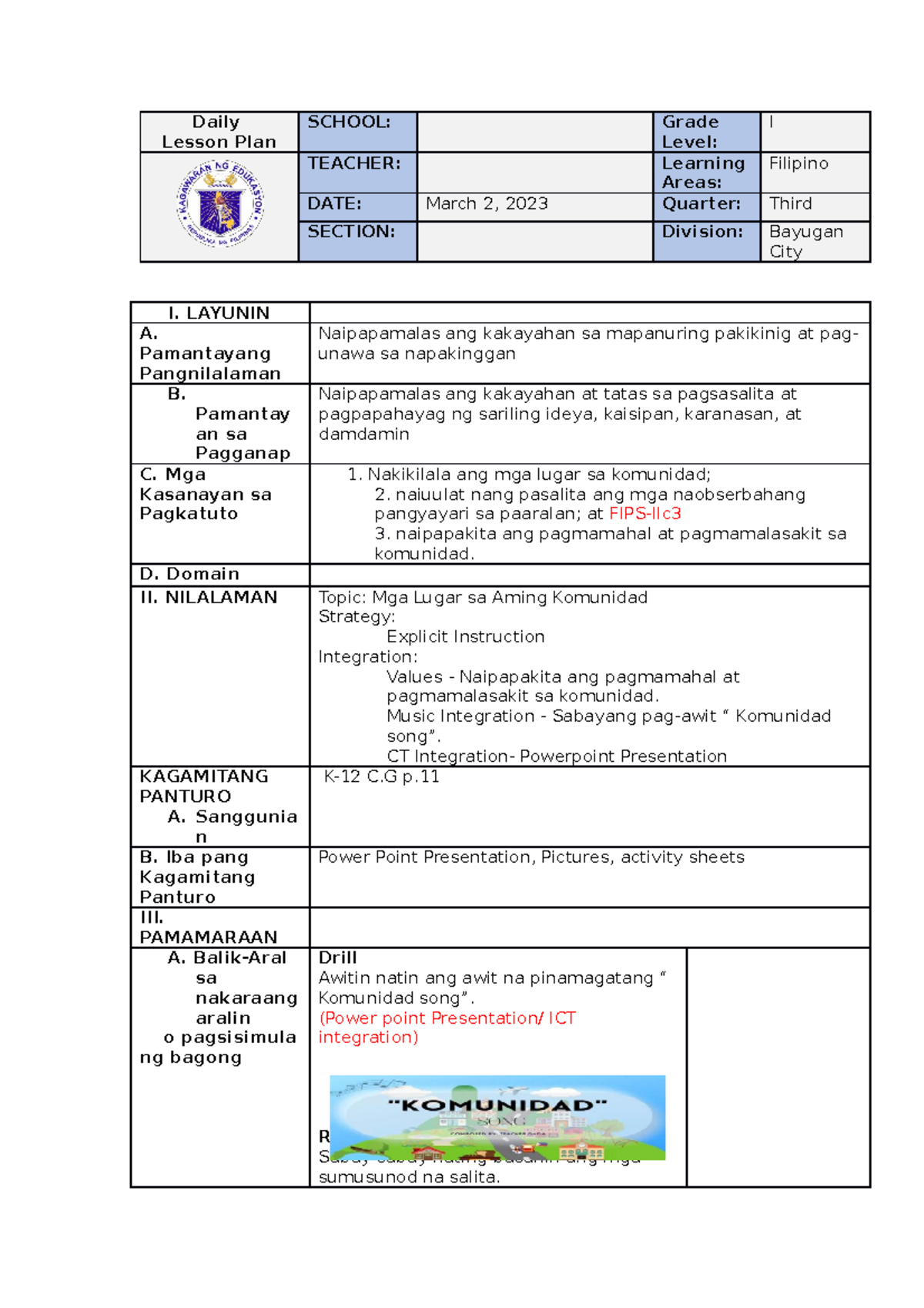 Detailed Lesson Plan in Filipino 1 - Daily Lesson Plan SCHOOL: Grade ...