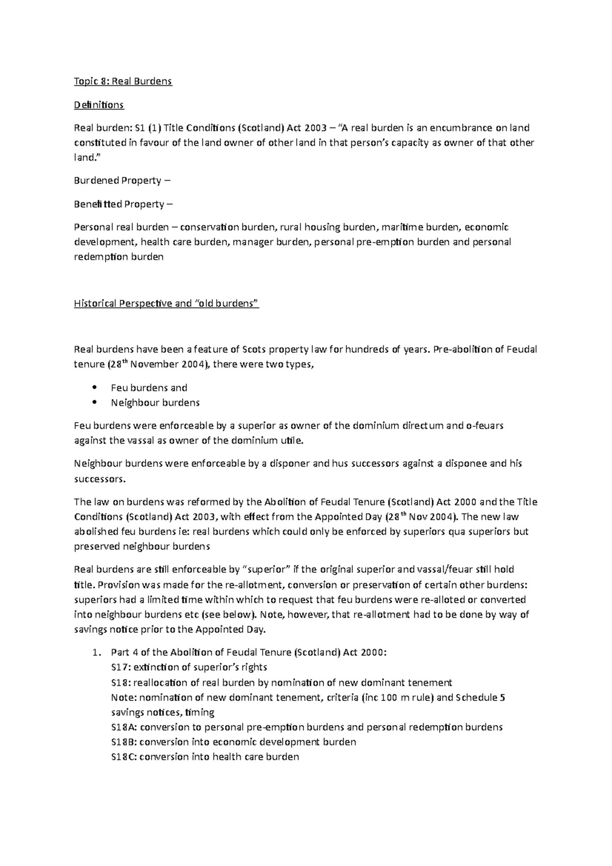Property Lec 8 Real Burden Topic 8 Real Burdens Definitions Real