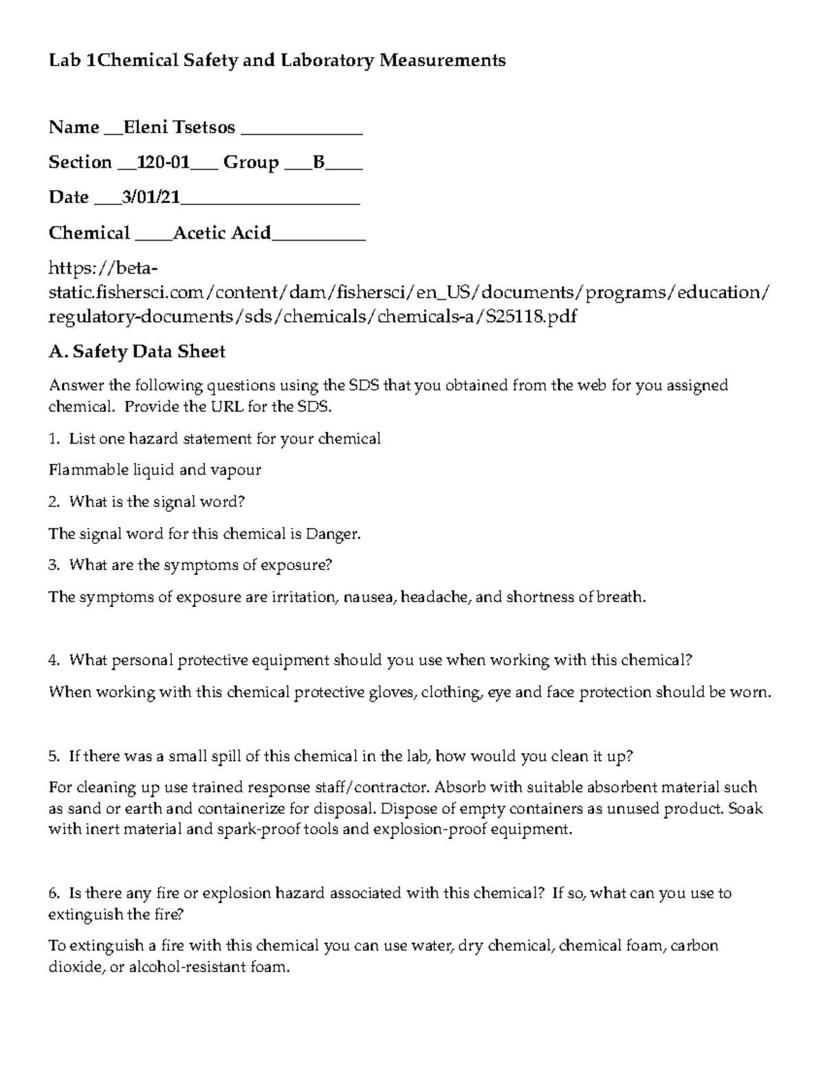 Lab 1Chemical Safety and Laboratory Measurements Report Sheet Lab