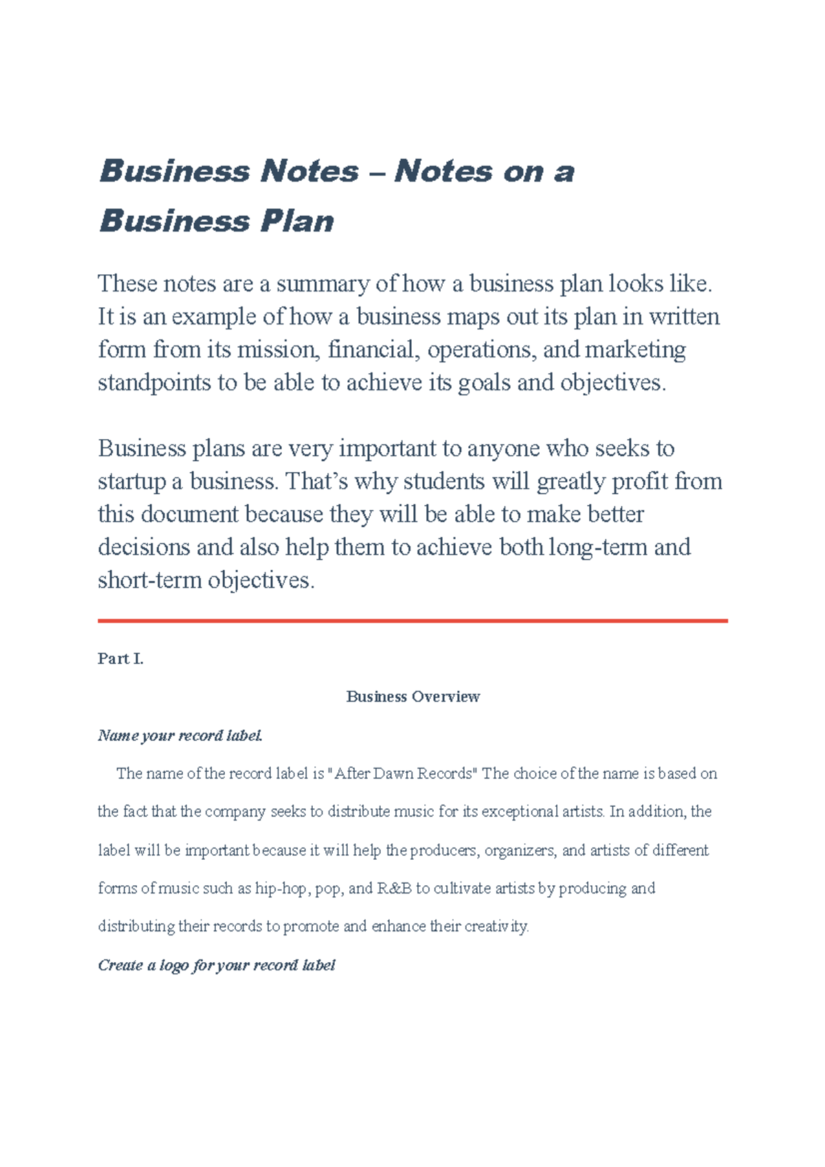 business plan diploma notes