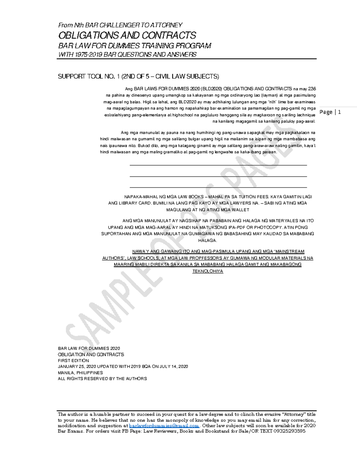 BLD2020 Oblicon Lecture notes 1 OBLIGATIONS AND CONTRACTS BAR LAW