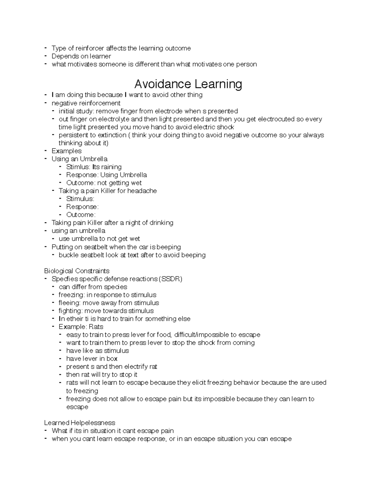 Avoidence Learning - PSY 311 Professor Kelly A. Striver - Type of ...