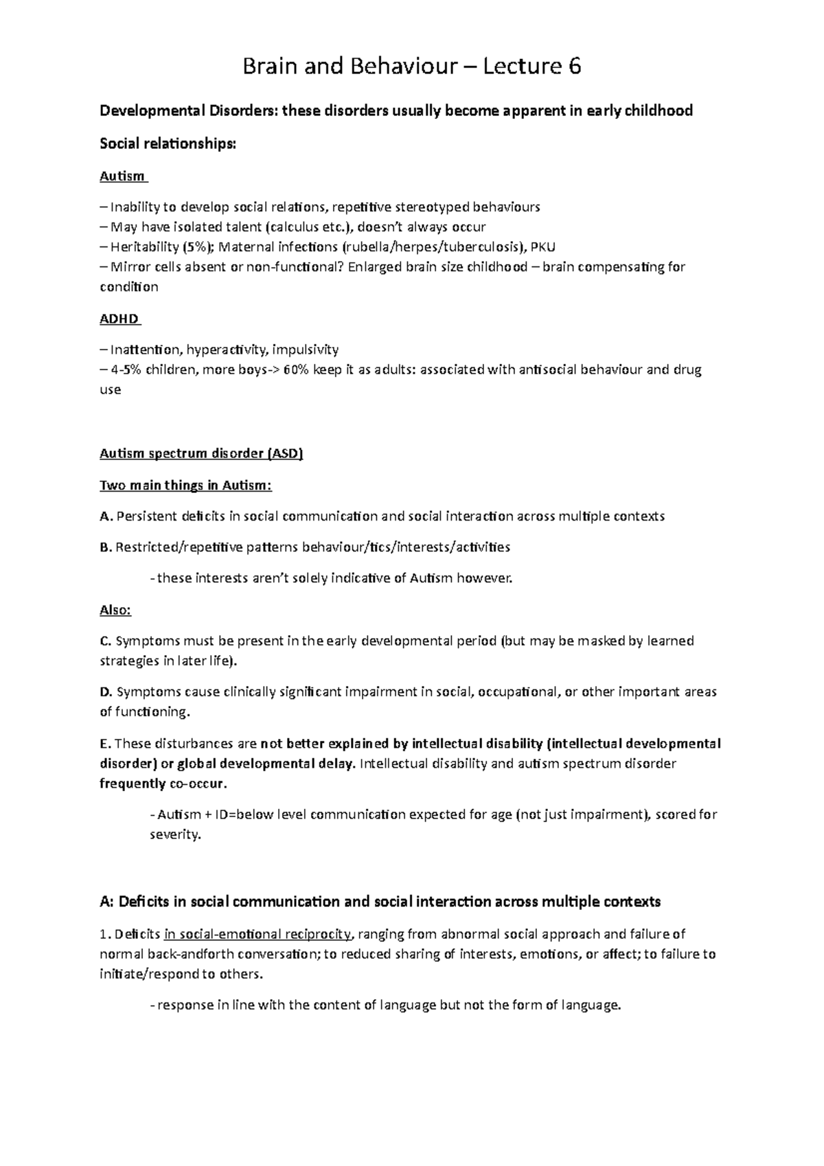 Lecture 6 - Autism, Aspergers’s, ADD, ADHD - Developmental Disorders ...