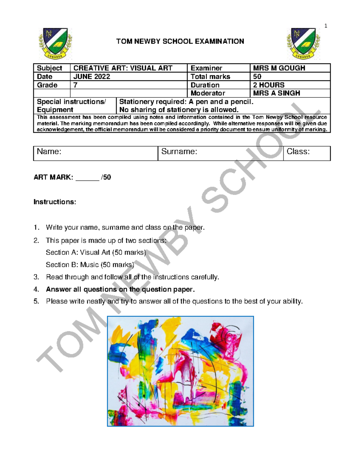 Grade 7 Creative Arts Exam June 2022 TOM NEWBY SCHOOL EXAMINATION