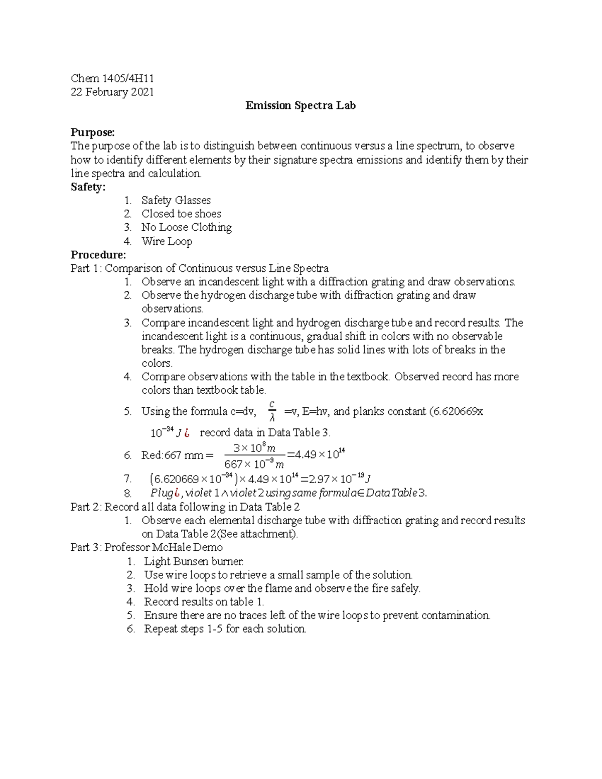 Emission Spectra Lab Chem 1405/4H 22 February 2021 Emission Spectra