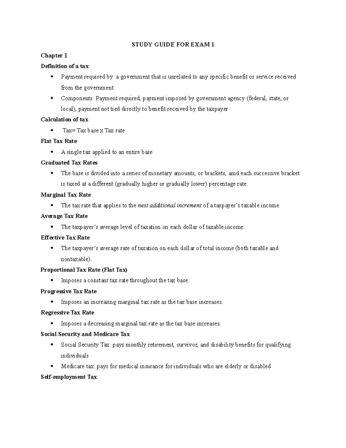 Study Guide FOR EXAM 1 tax - STUDY GUIDE FOR EXAM 1 Chapter 1 ...