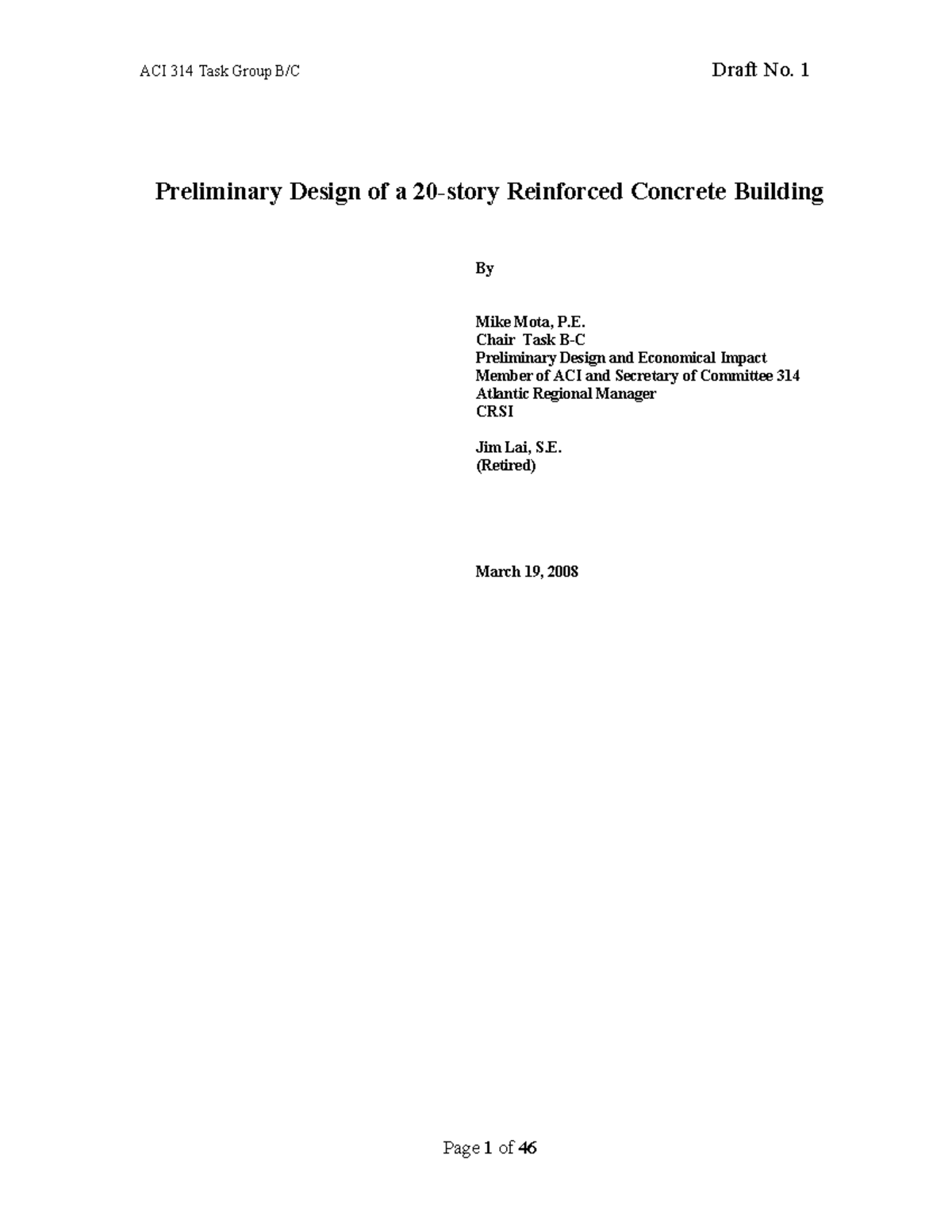 Example design of 20 story building ACI Preliminary Design of a 20