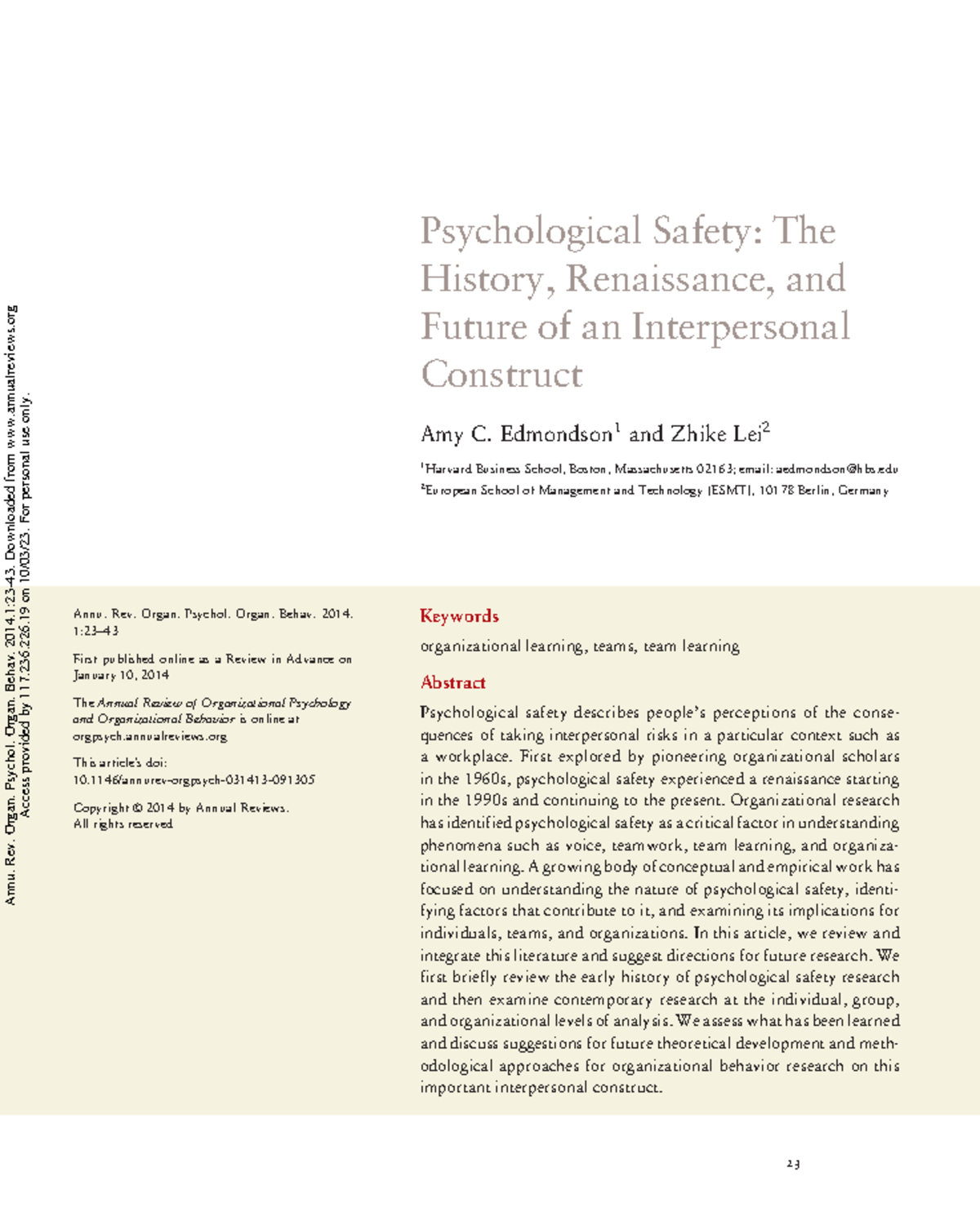 Edmondson lei 2014 psychological safety the history renaissance and ...