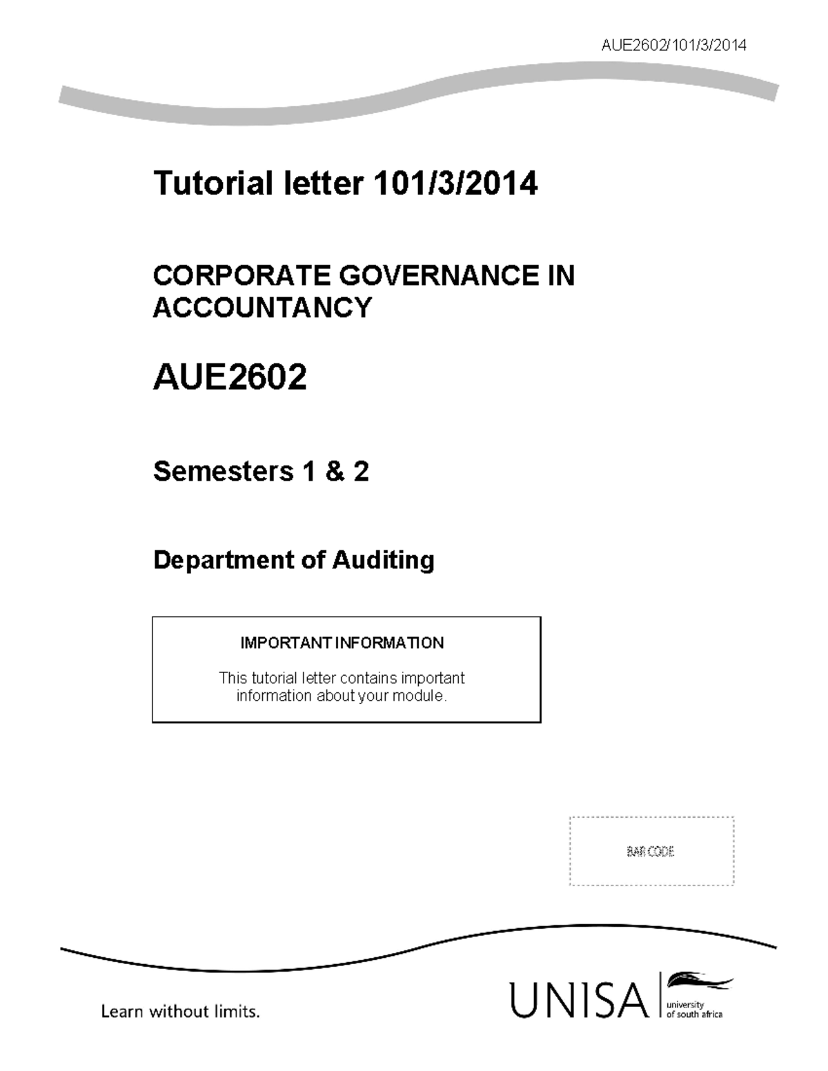 AUE2601-TL-2014-101 3 - AUE2602/101/3/ Tutorial Letter 101/3/ CORPORATE ...