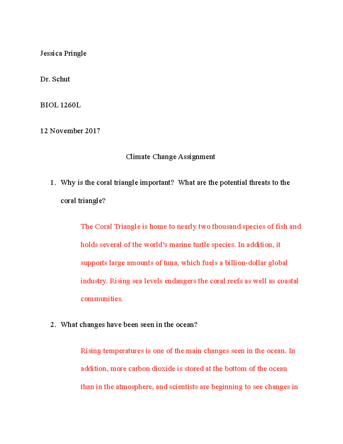 Climate change assignment - Jessica Pringle Dr. Schut BIOL 1260L 12 ...