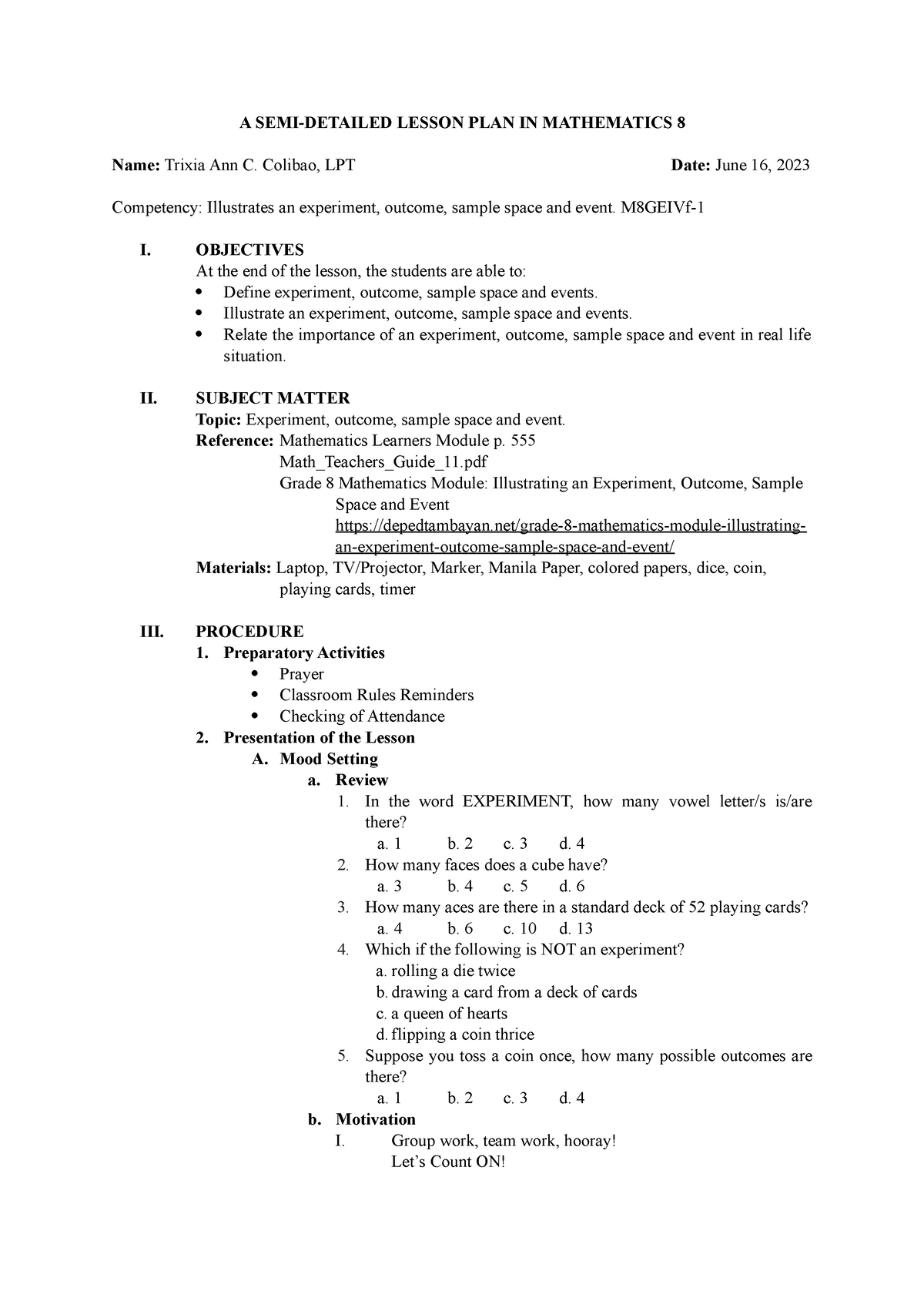 SEMI-detailed lesson plan math 8 - A SEMI-DETAILED LESSON PLAN IN ...