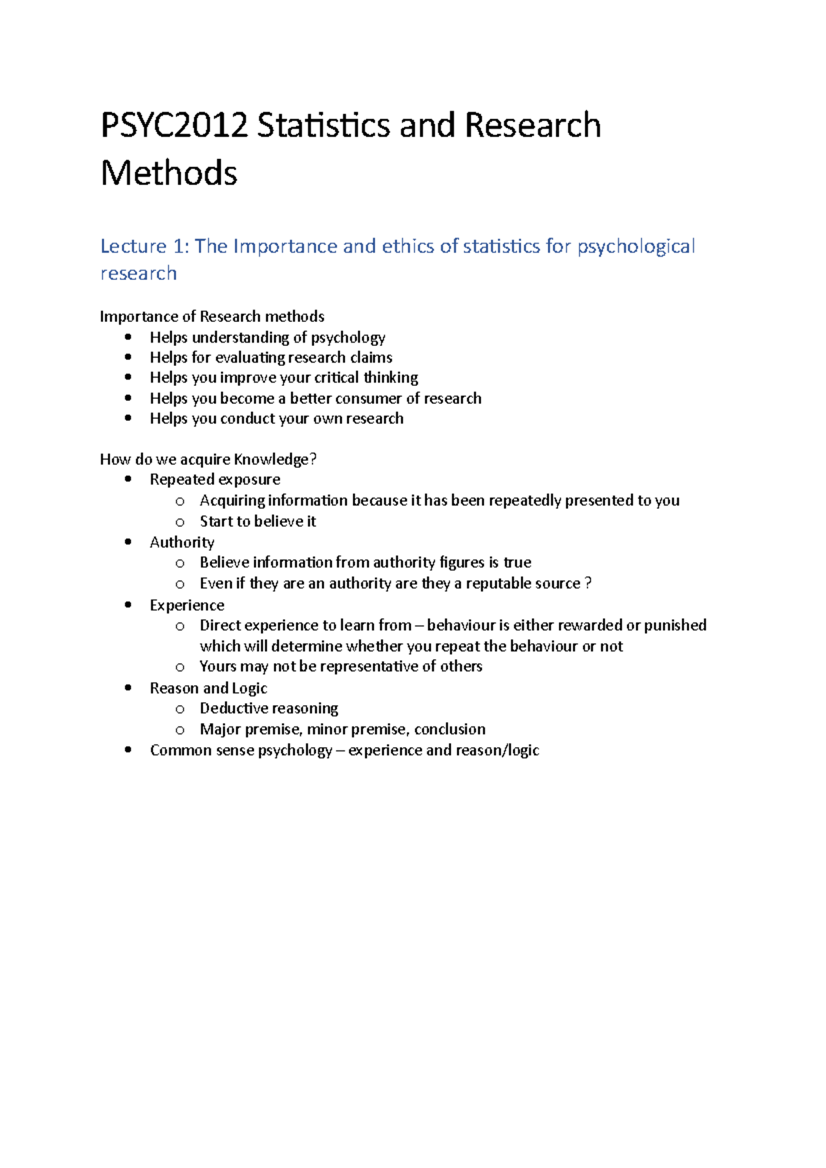 PSYC2012 notes - PSYC2012 Statistics and Research Methods Lecture 1 ...