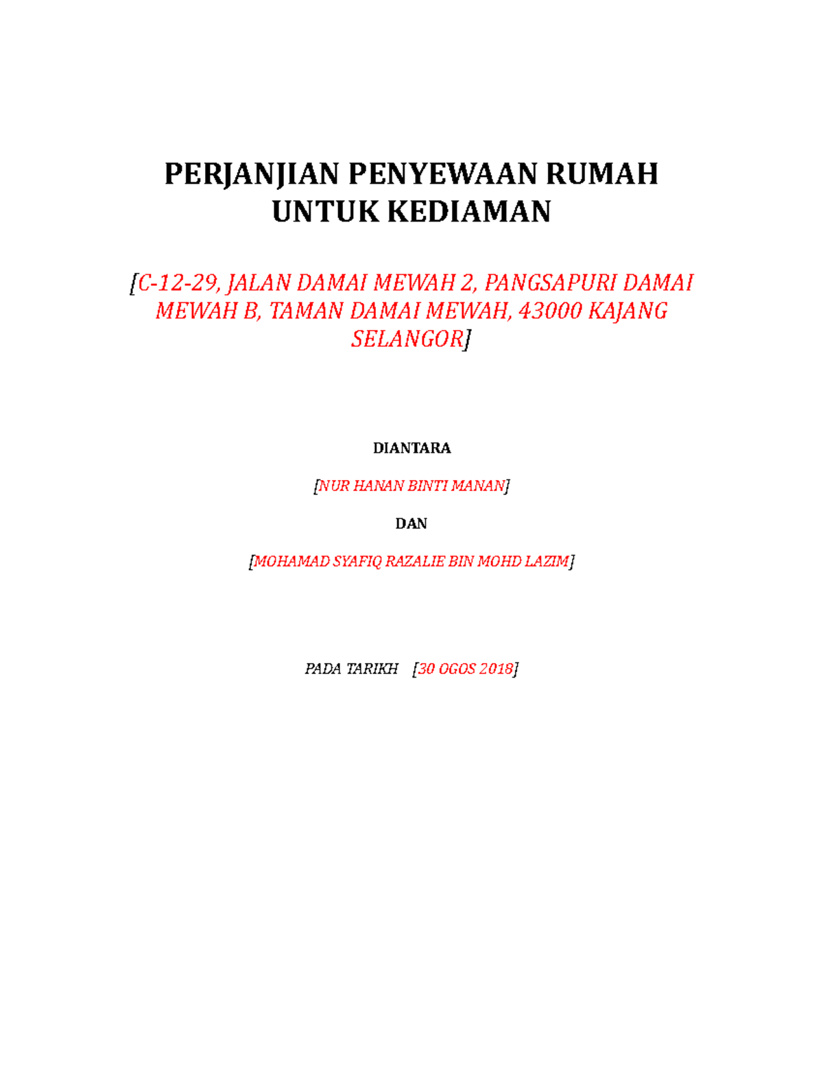 Perjanjian Sewa Rumah Contoh - PERJANJIAN PENYEWAAN RUMAH UNTUK ...