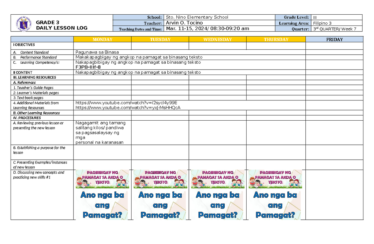 Dll Filipino 3 Q1 W1 Grade 3 Daily Lesson Log School Sto Nino Elementary School Grade Level 0405