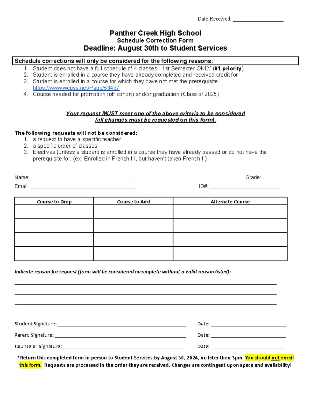 Pchs schedule correction form fall 2024 date received