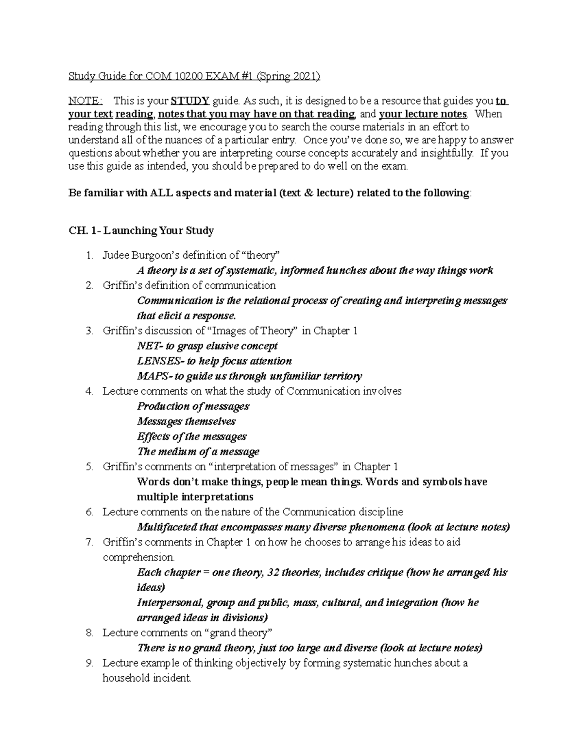 102revised Exam 1 Study Guide Spring 2021 - Study Guide for COM 10200 ...