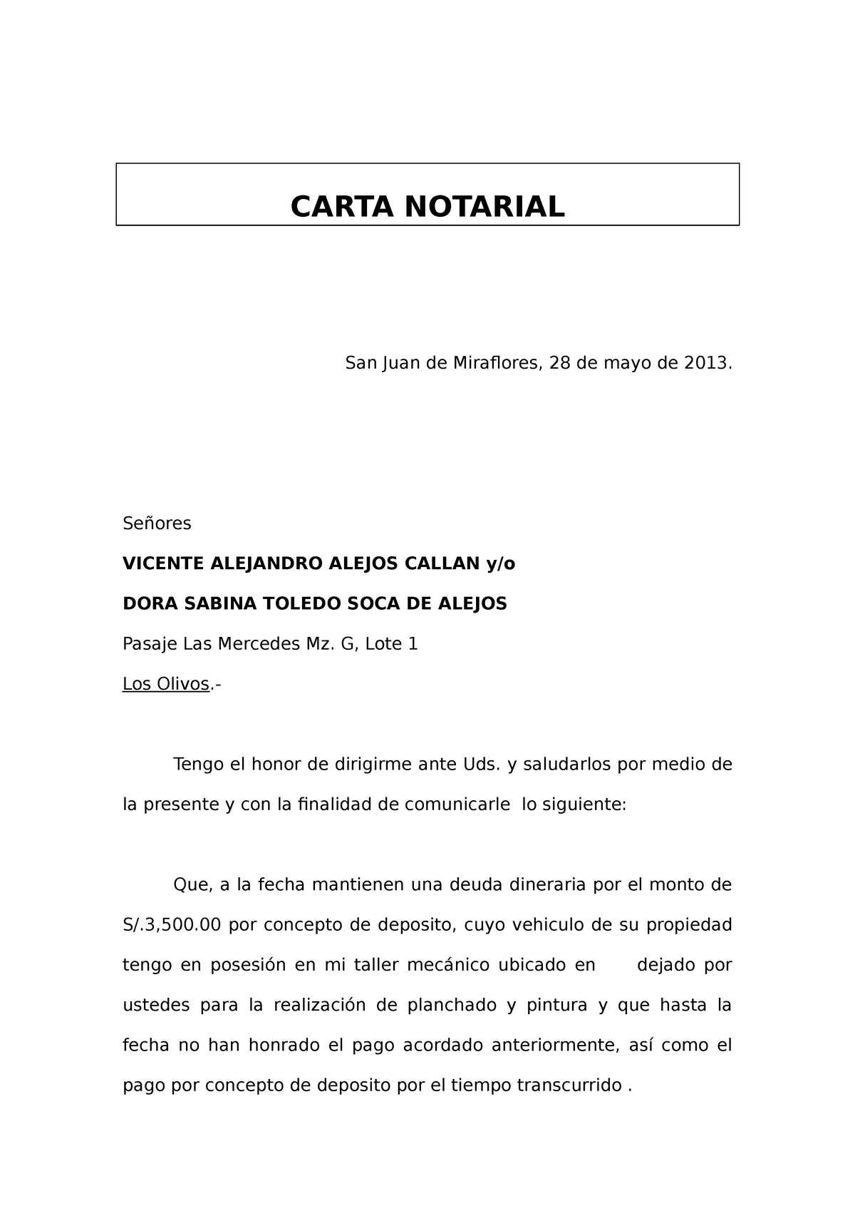 Carta Notarial Desalojo Carta Notarial San Juan De Miraflores 28 De Mayo De 2013 Señores 5122