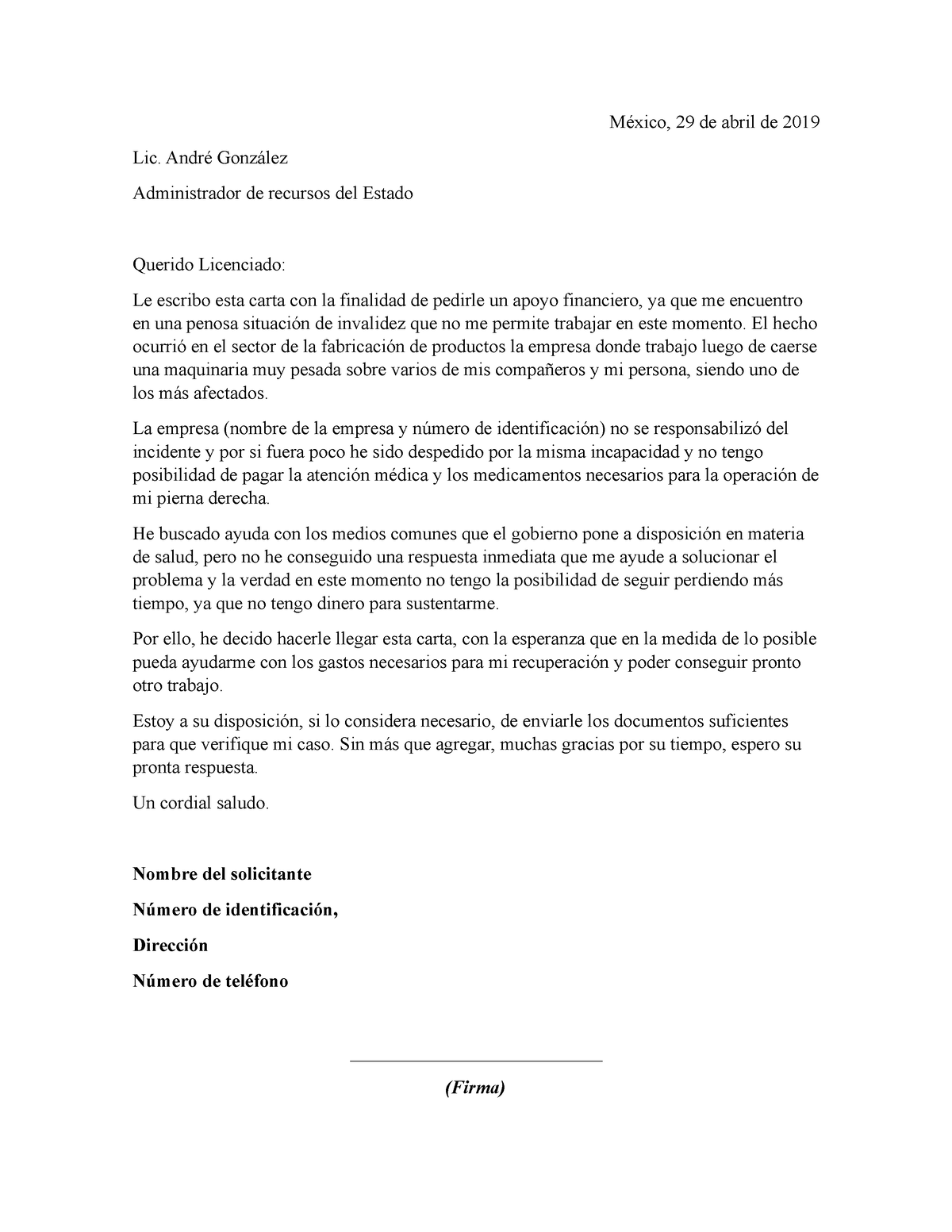 Ejemplo De Carta Solicitud De Apoyo Economico México 29 De Abril De 2019 Lic André González 2985