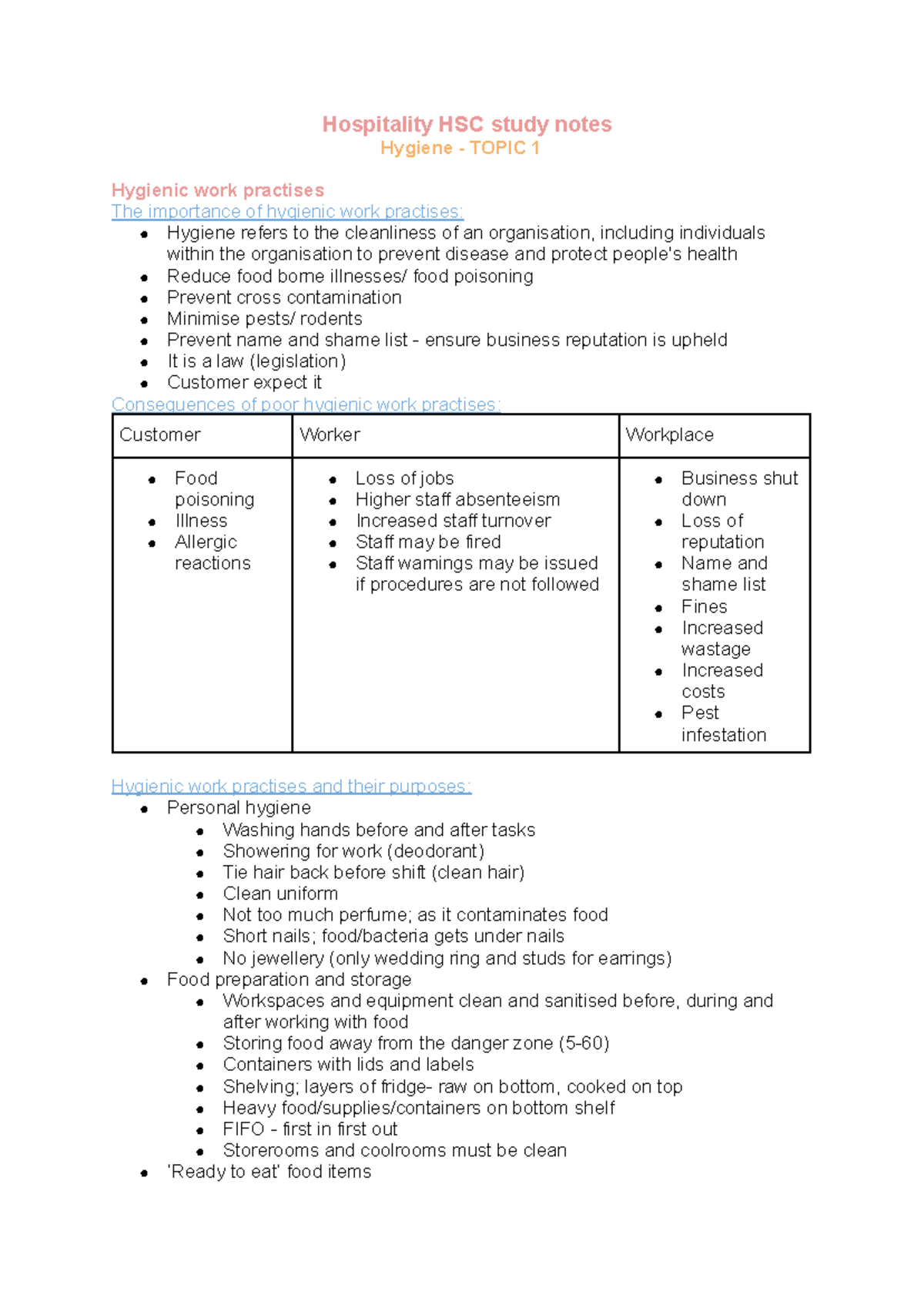 Hospo Prelim Notes - Hospitality HSC study notes Hygiene - TOPIC 1 ...