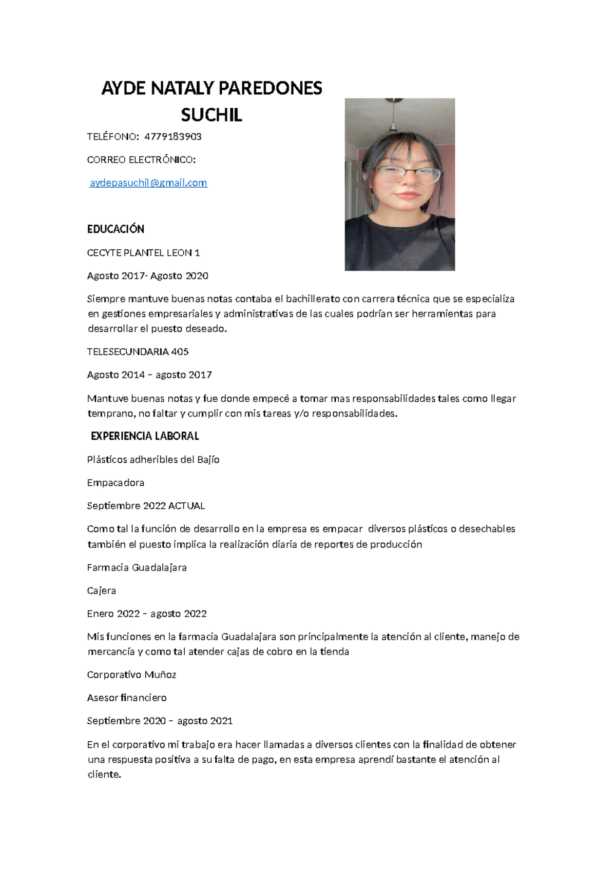 Ayde Curriculum - AYDE NATALY PAREDONES SUCHIL TELÉFONO: 4779183903 ...