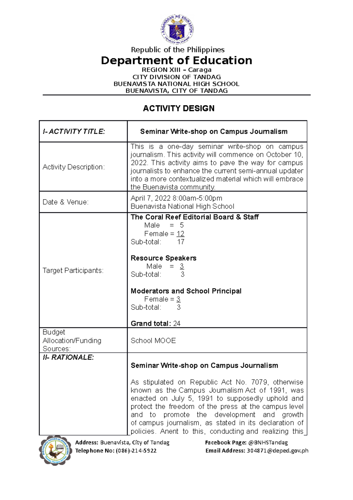 Activity Design - Department of Education REGION XIII – Caraga CITY ...