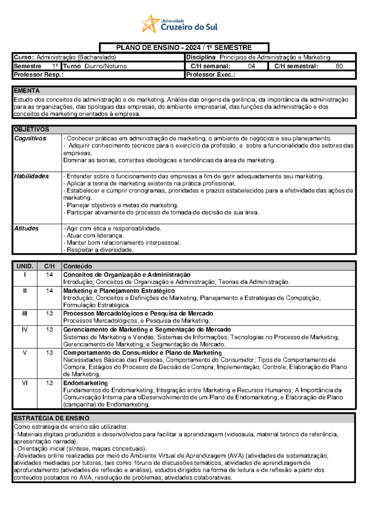Plano de Ensino - Princípios de Administração e Marketing - PLANO DE ...