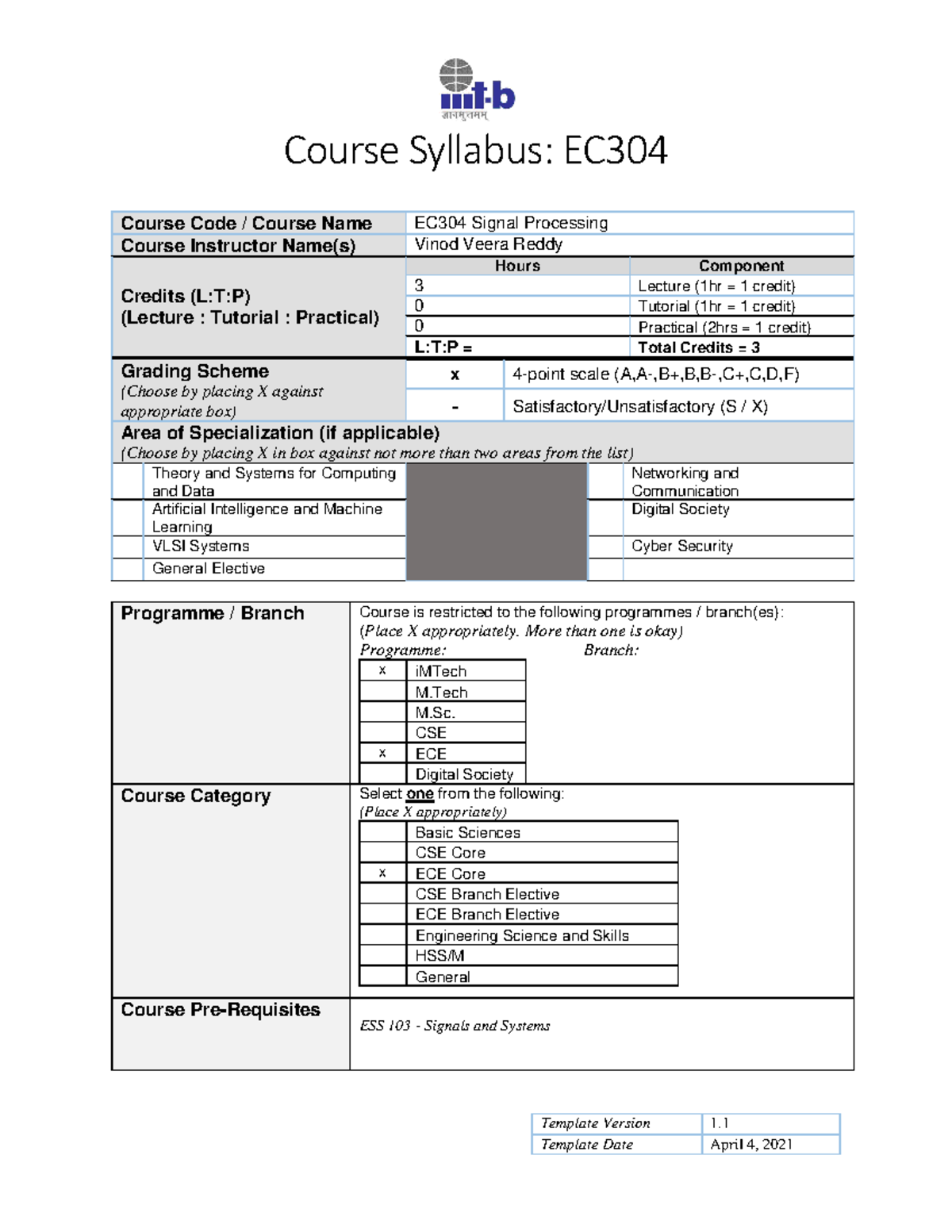Signal Processing Template Version 1. Course Syllabus EC Course Code