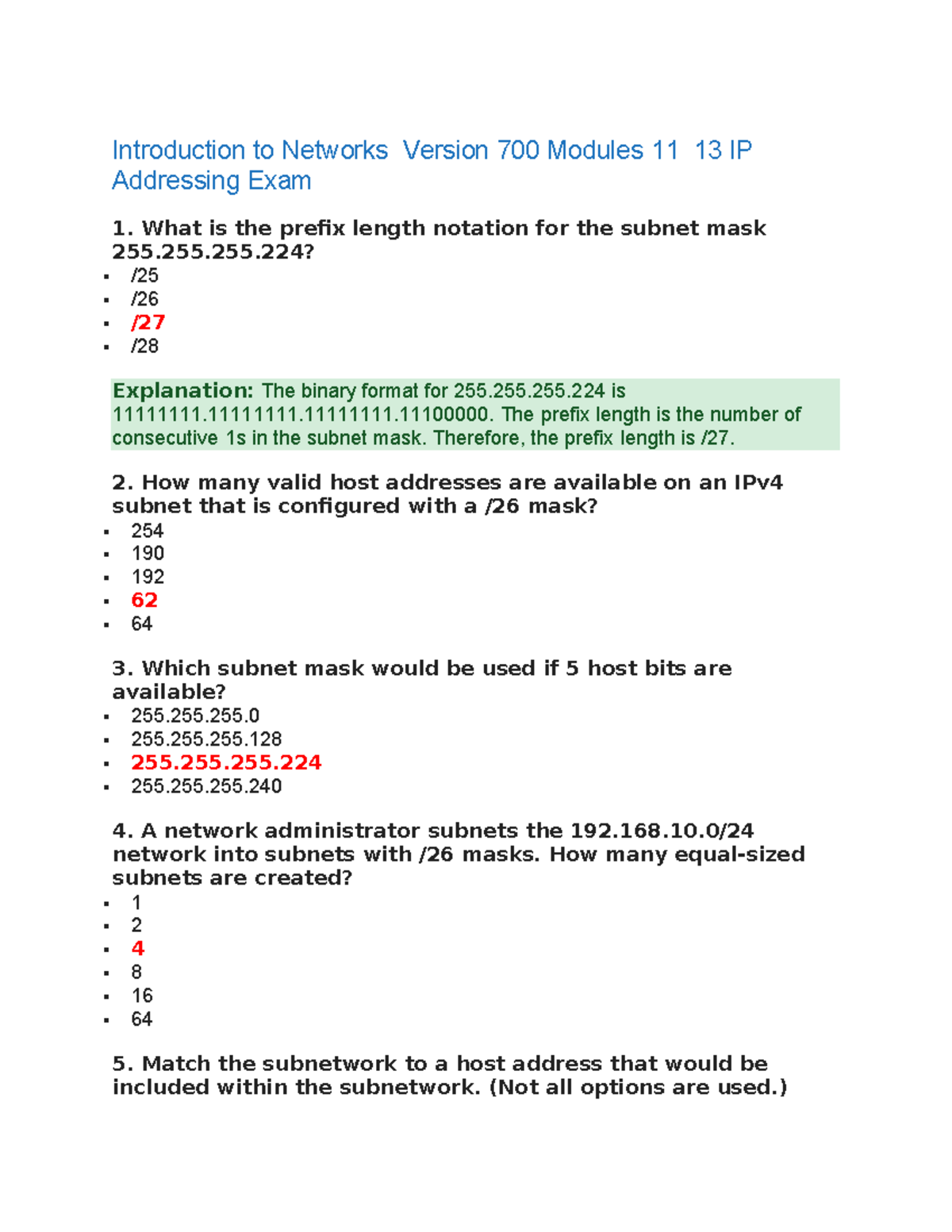 Introduction to Networks Version 700 Modules 11 13 IP Addressing Exam ...