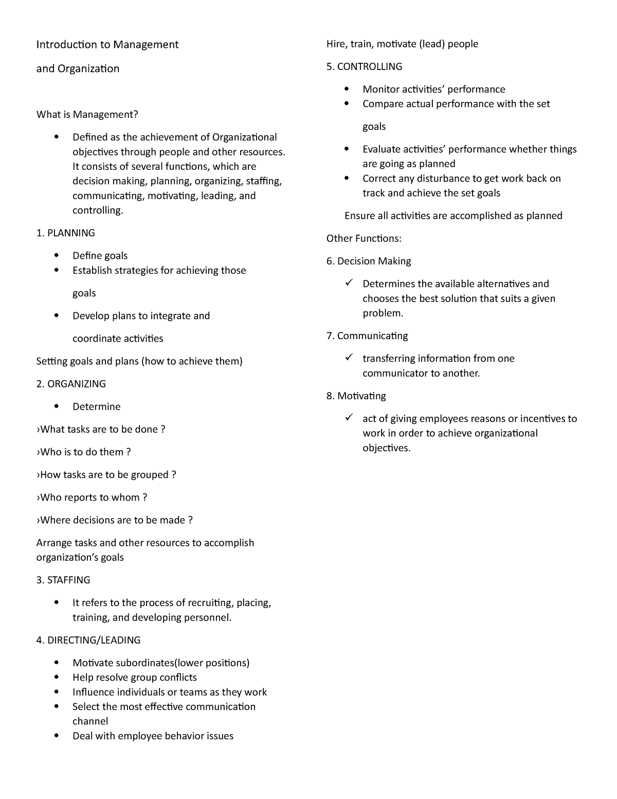 student notes aspects of a business plan management & leadership