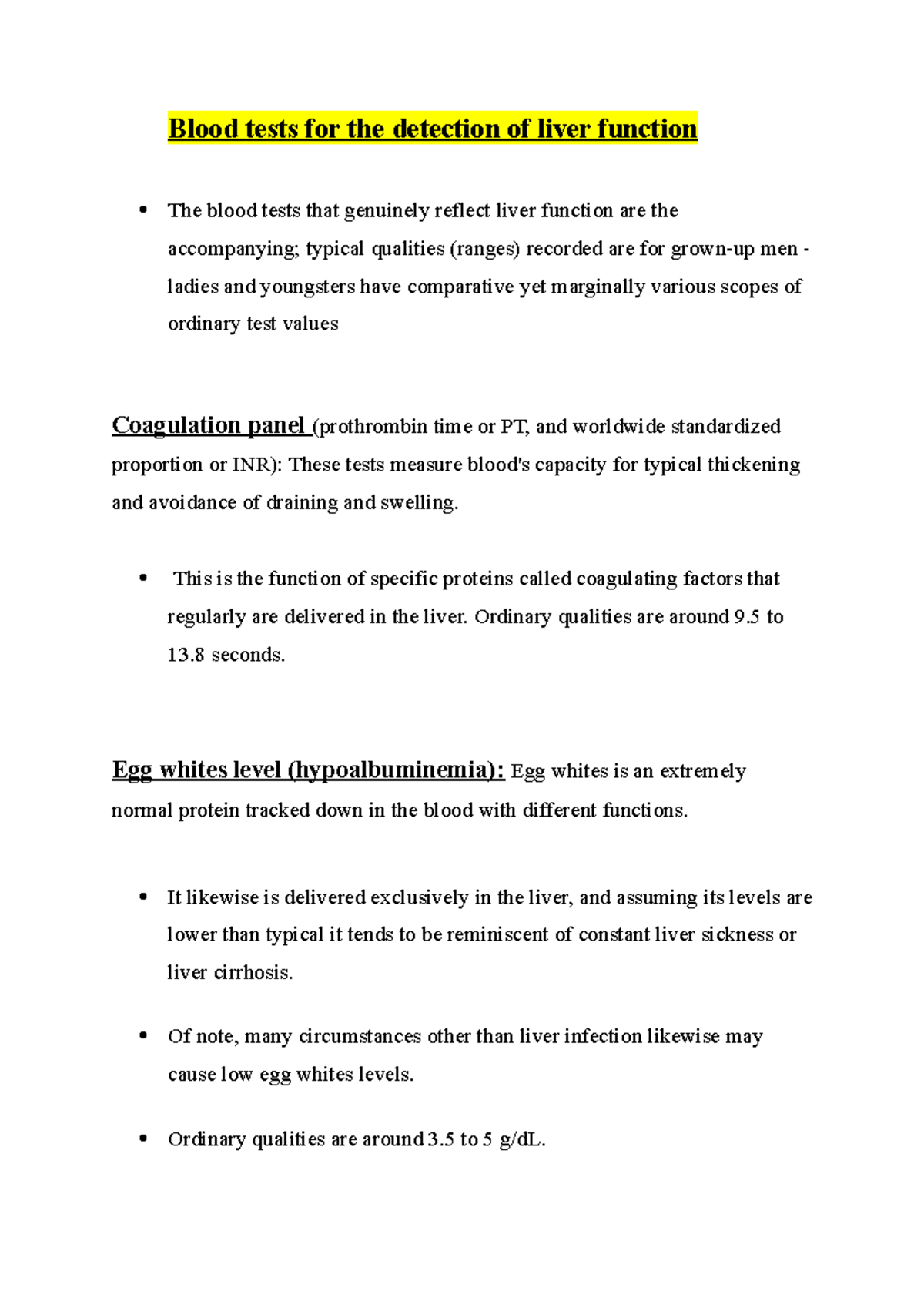 Blood tests for the detection of liver function This is the function