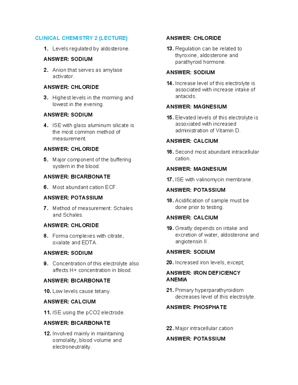 CC LEC Reviewer 2 - Lecture notes for 4th year - CLINICAL CHEMISTRY 2 ...