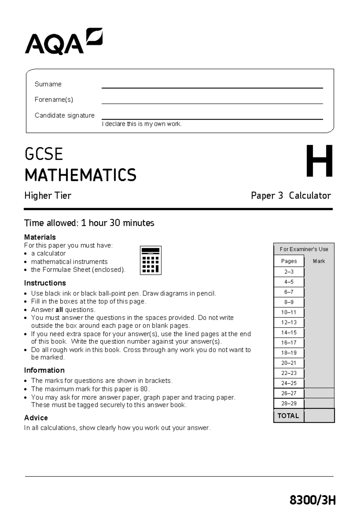 8300 gcse shadow papers paper 3h question paper november - For Examiner ...