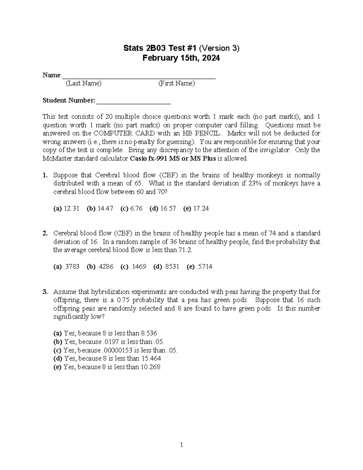 Practice Test 1 For Stats - Stats 2B03 Test #1 (Version 3) February ...