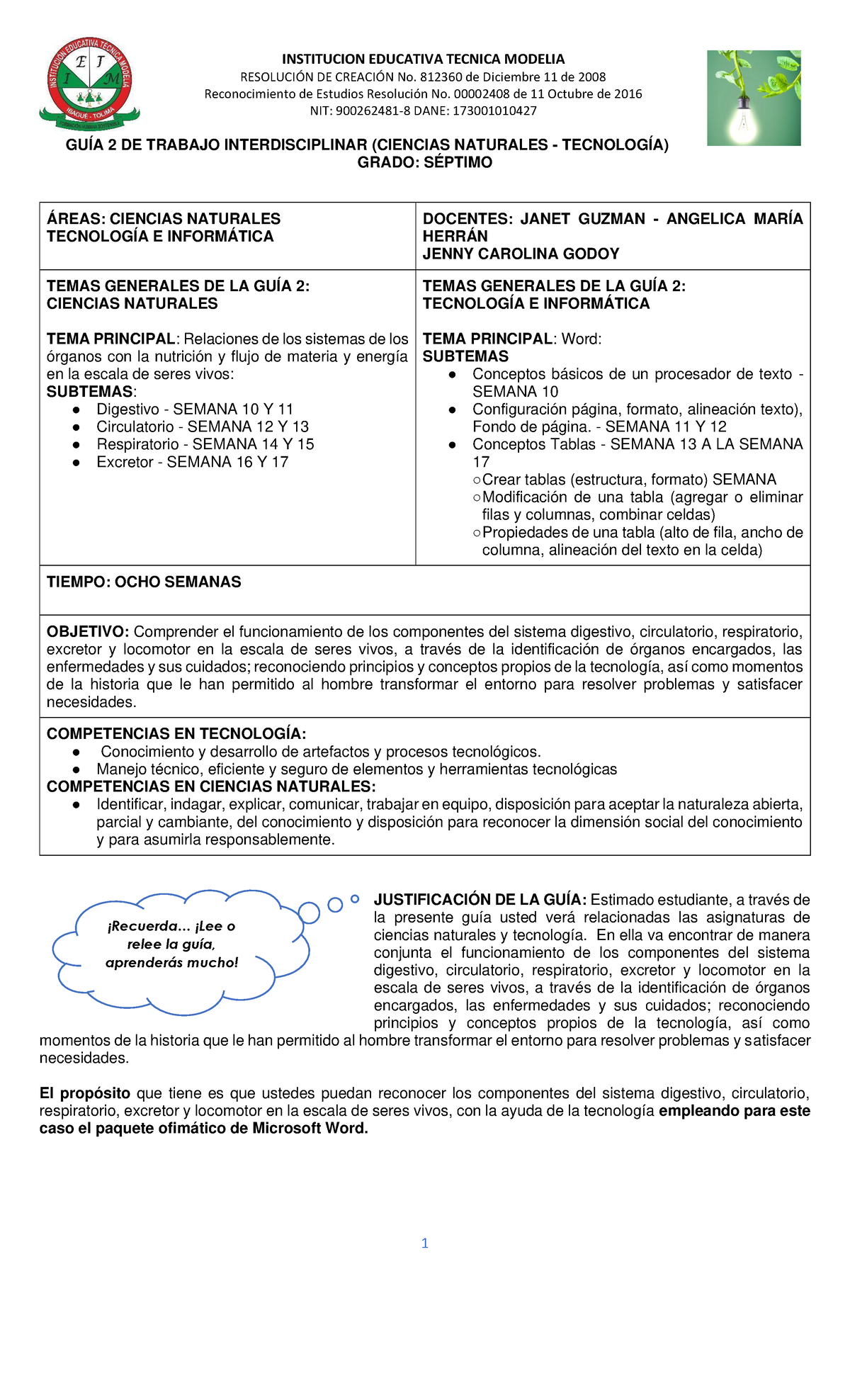 Guia Dos Interdisciplinar 1 Semestre Grado 7 - RESOLUCI”N DE CREACI”N ...