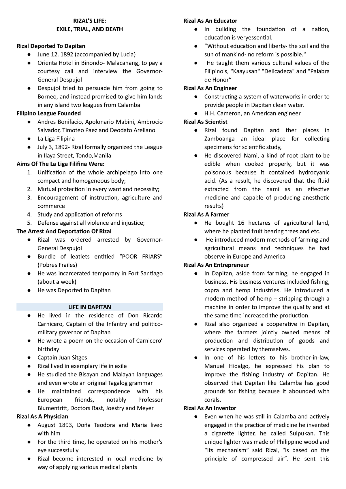 Rizal - NOTES - RIZAL’S LIFE: EXILE, TRIAL, AND DEATH Rizal Deported To ...