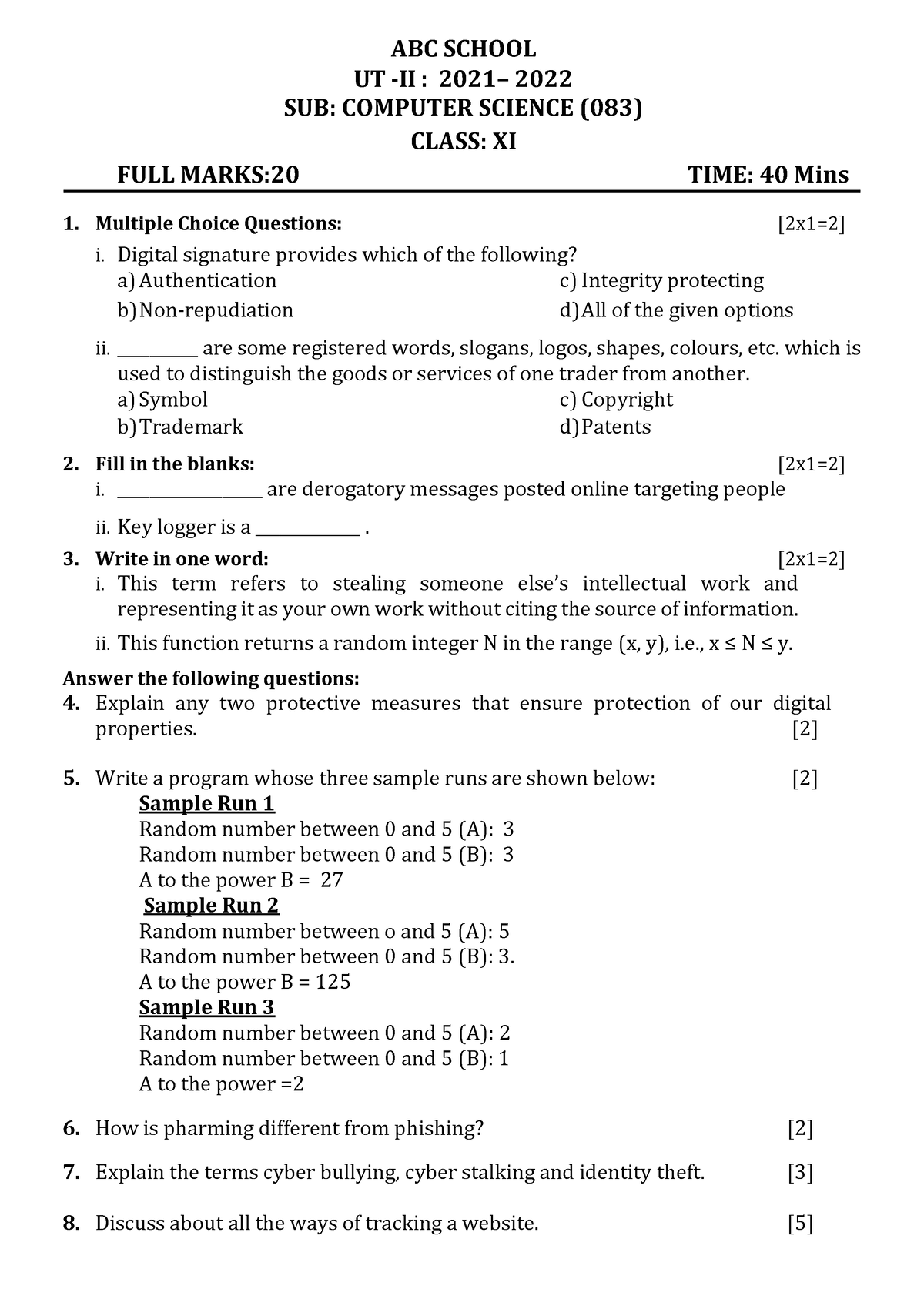 XI CS UT2 Question Paper - ABC SCHOOL UT -II : 2021– 2022 SUB: COMPUTER ...